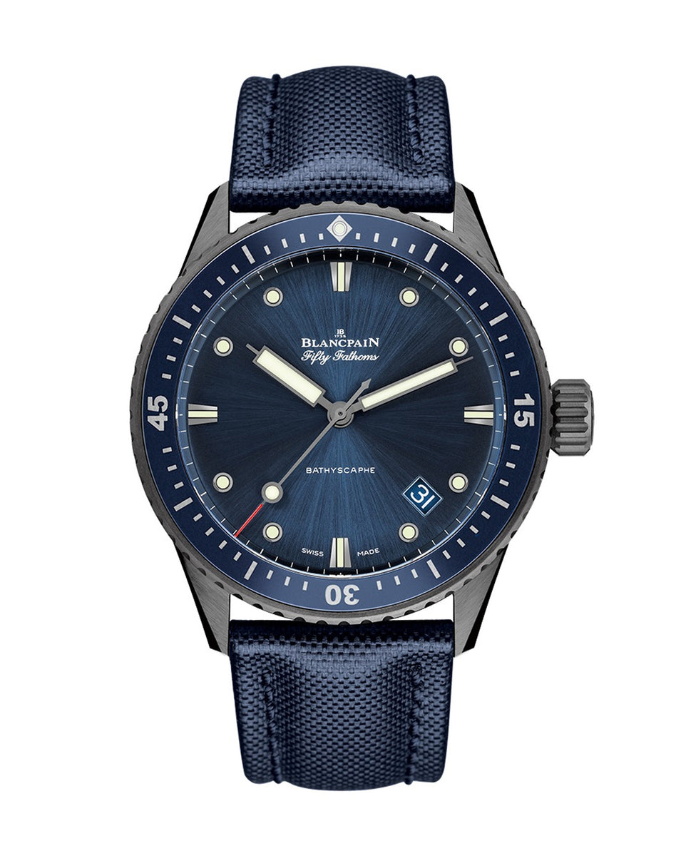 時計 BLANCPAIN - FIFTY FATHOMS Bathyscaphe Blancpain Fifty Fathoms Bathyscaphe 4 43.6m Blue Canvas Strap