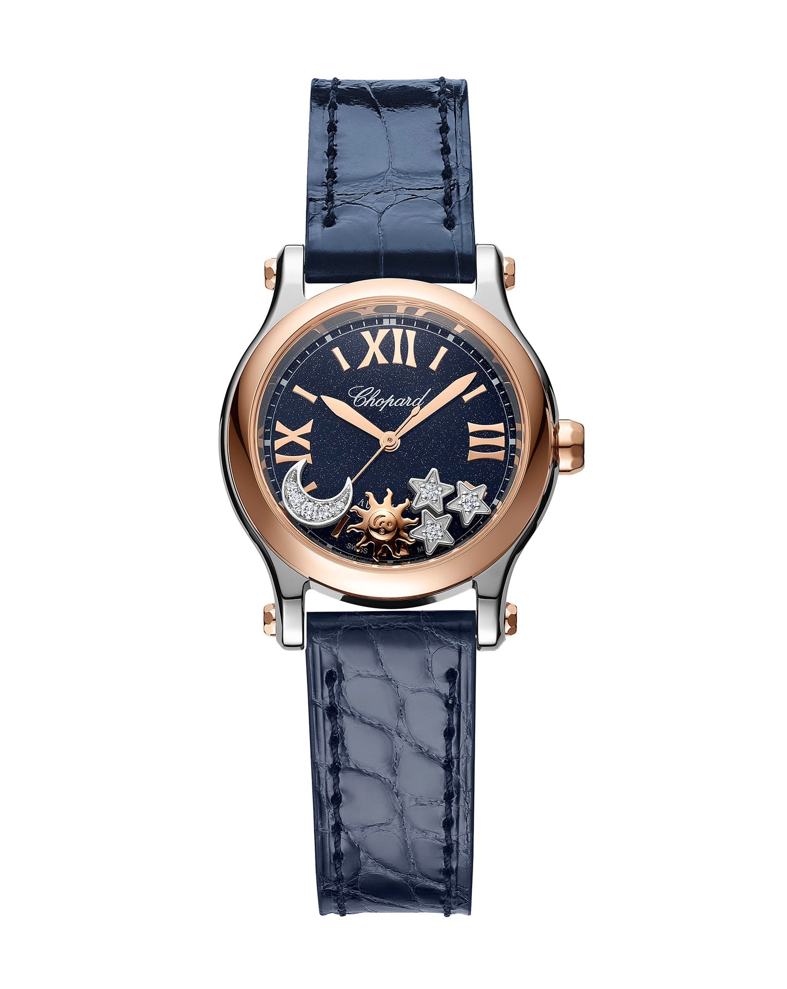 Chopard Happy Sport Sun, Moon and Stars Automatic 30mm, Rose Gold, Blue Dial, Blue Leather Strap