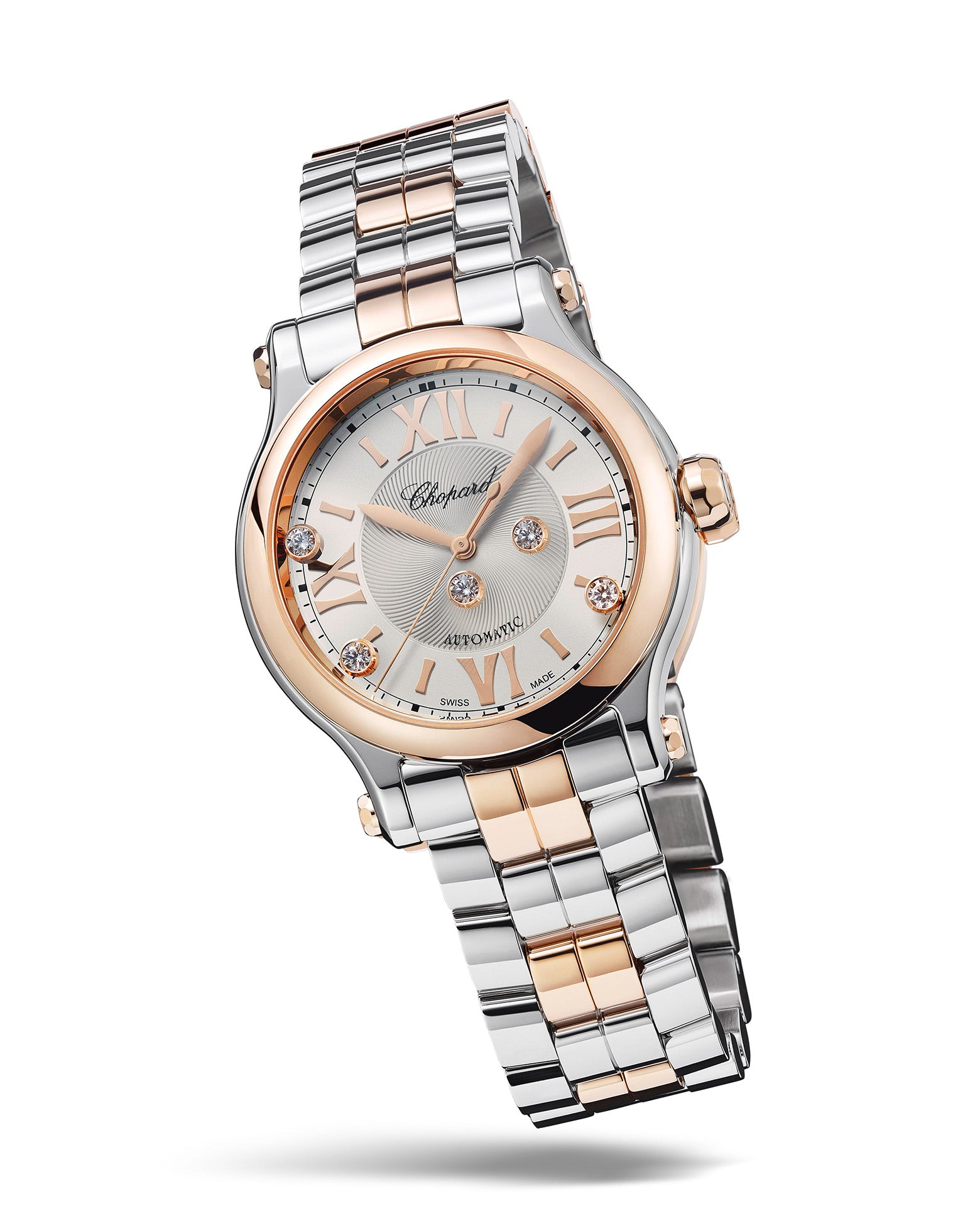 Chopard Happy Sport Automatic 33mm, Rose Gold, Silver Dial, Steel Bracelet