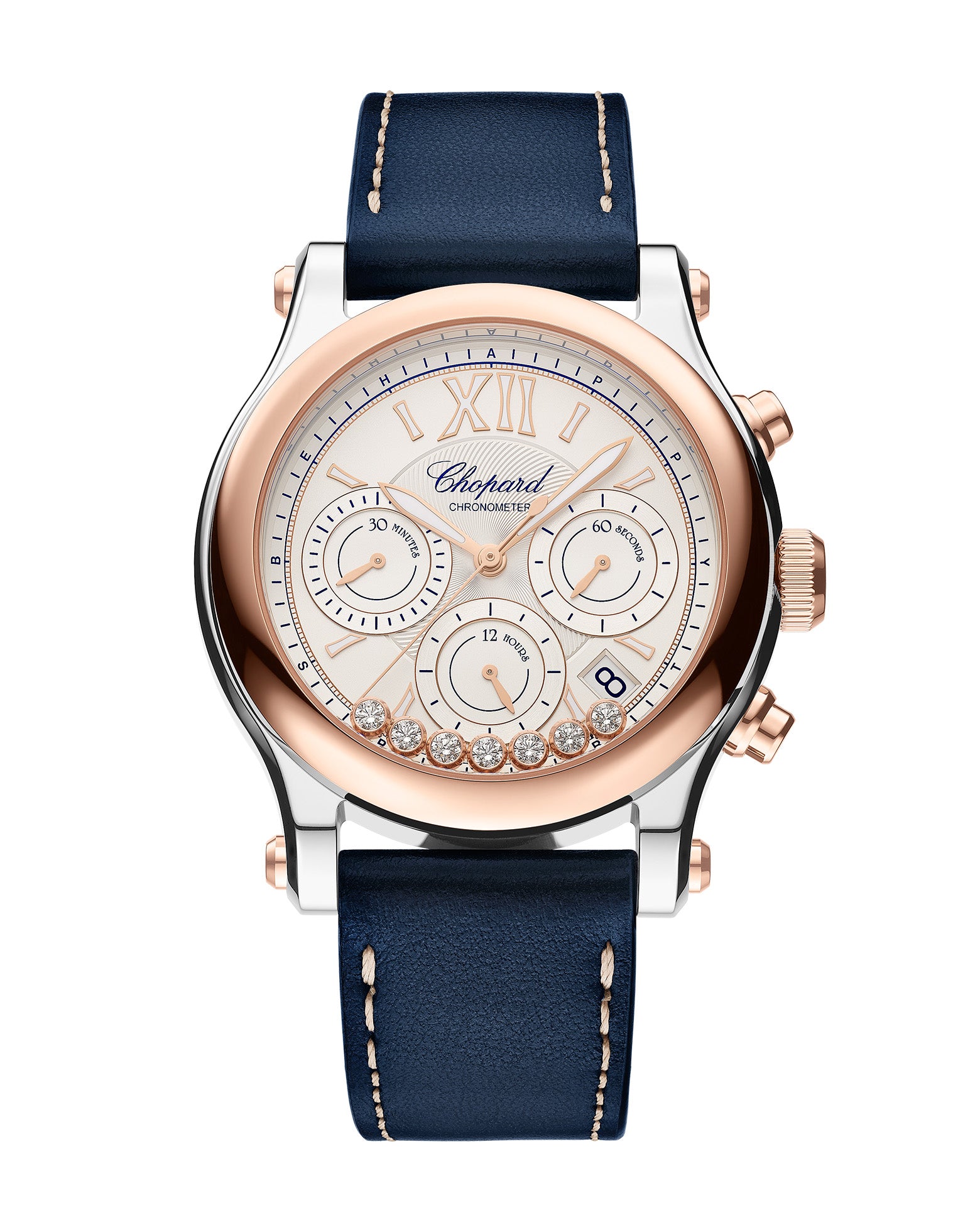 Chopard Happy Sport Chrono Automatic 40mm, Rose Gold, Diamonds, Blue Leather Strap