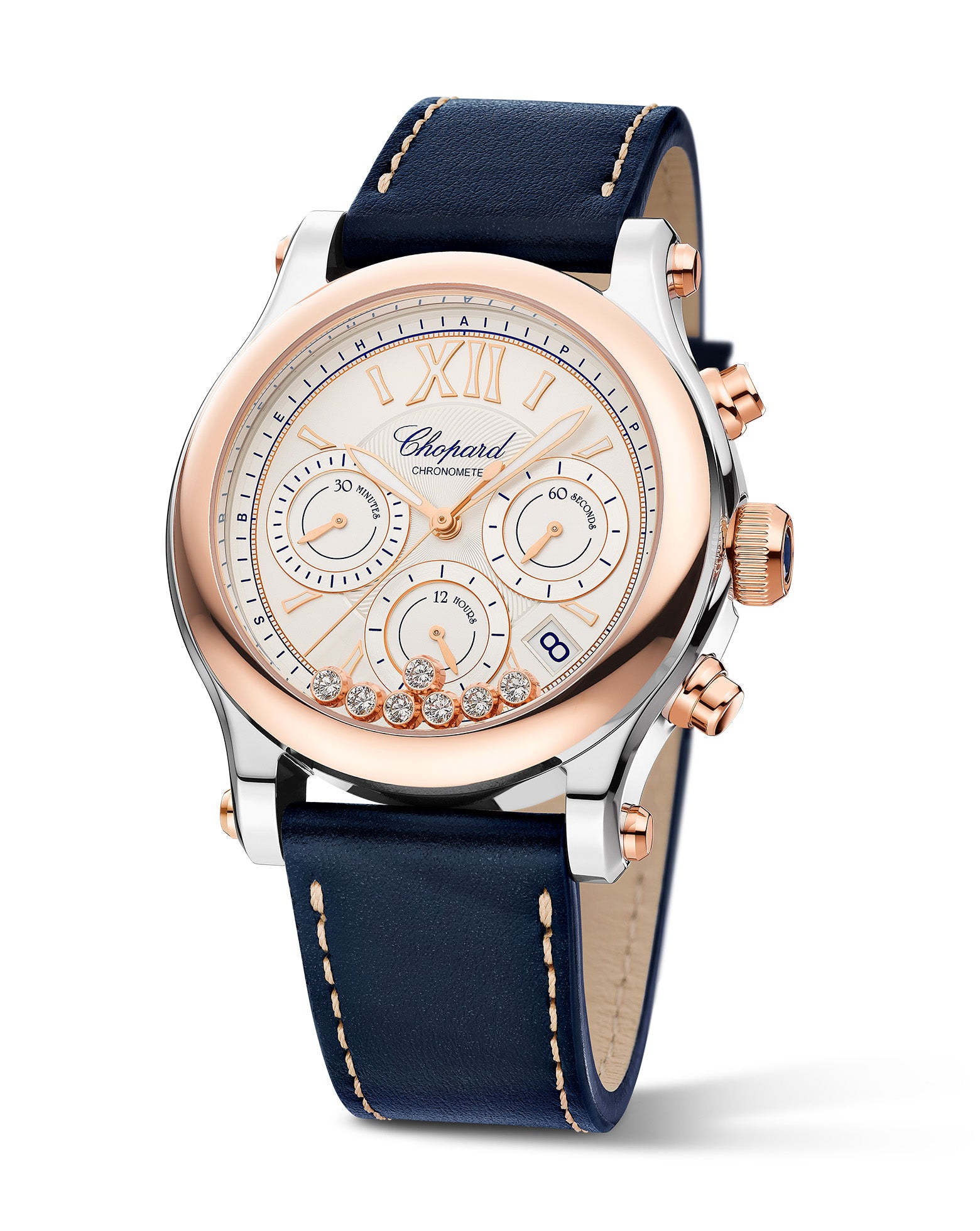 Chopard Happy Sport Chrono Automatic 40mm, Rose Gold, Diamonds, Blue Leather Strap