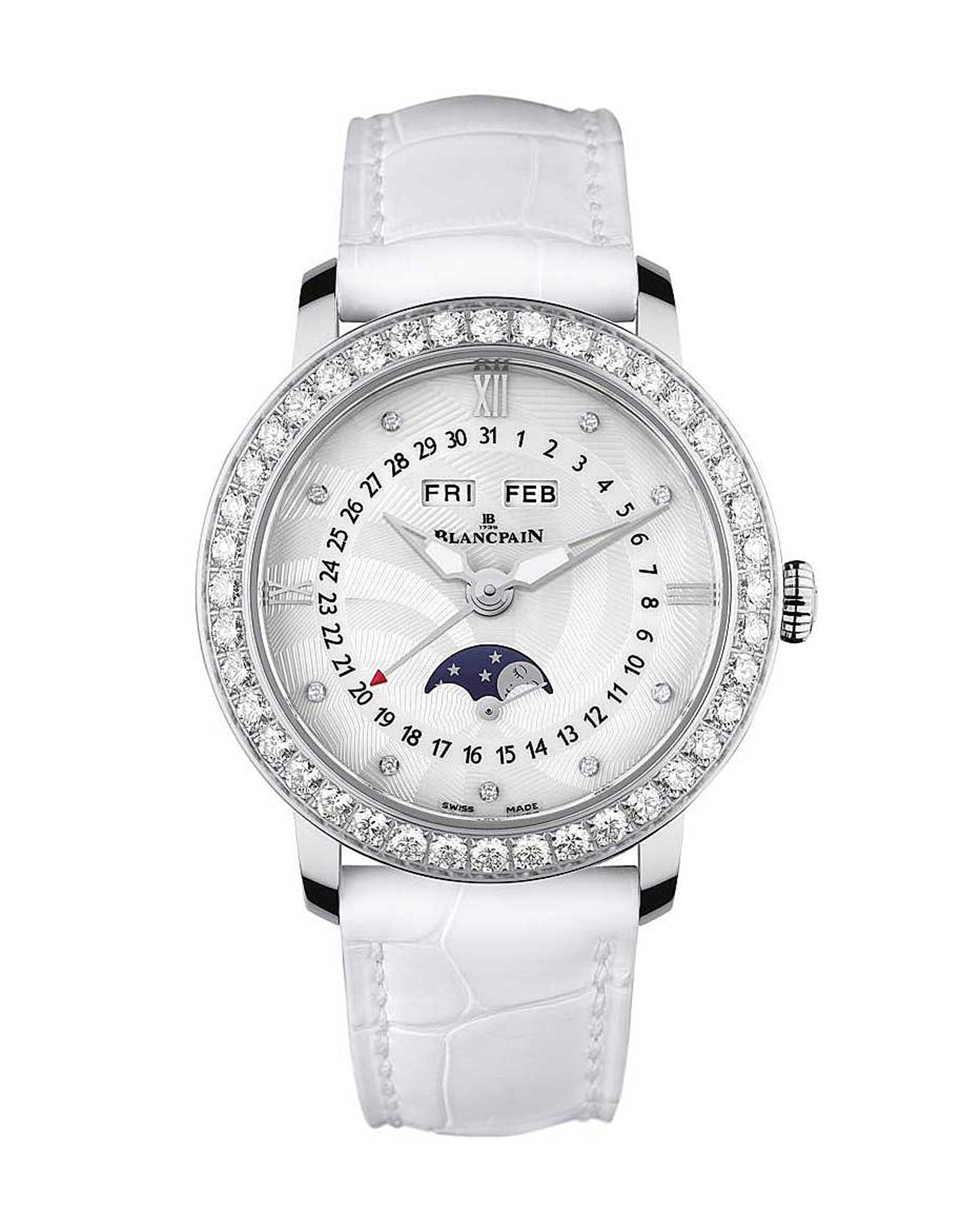 Blancpain Ladybird Quantième Complet 35mm, Steel Case, White Dial, White Leather Strap