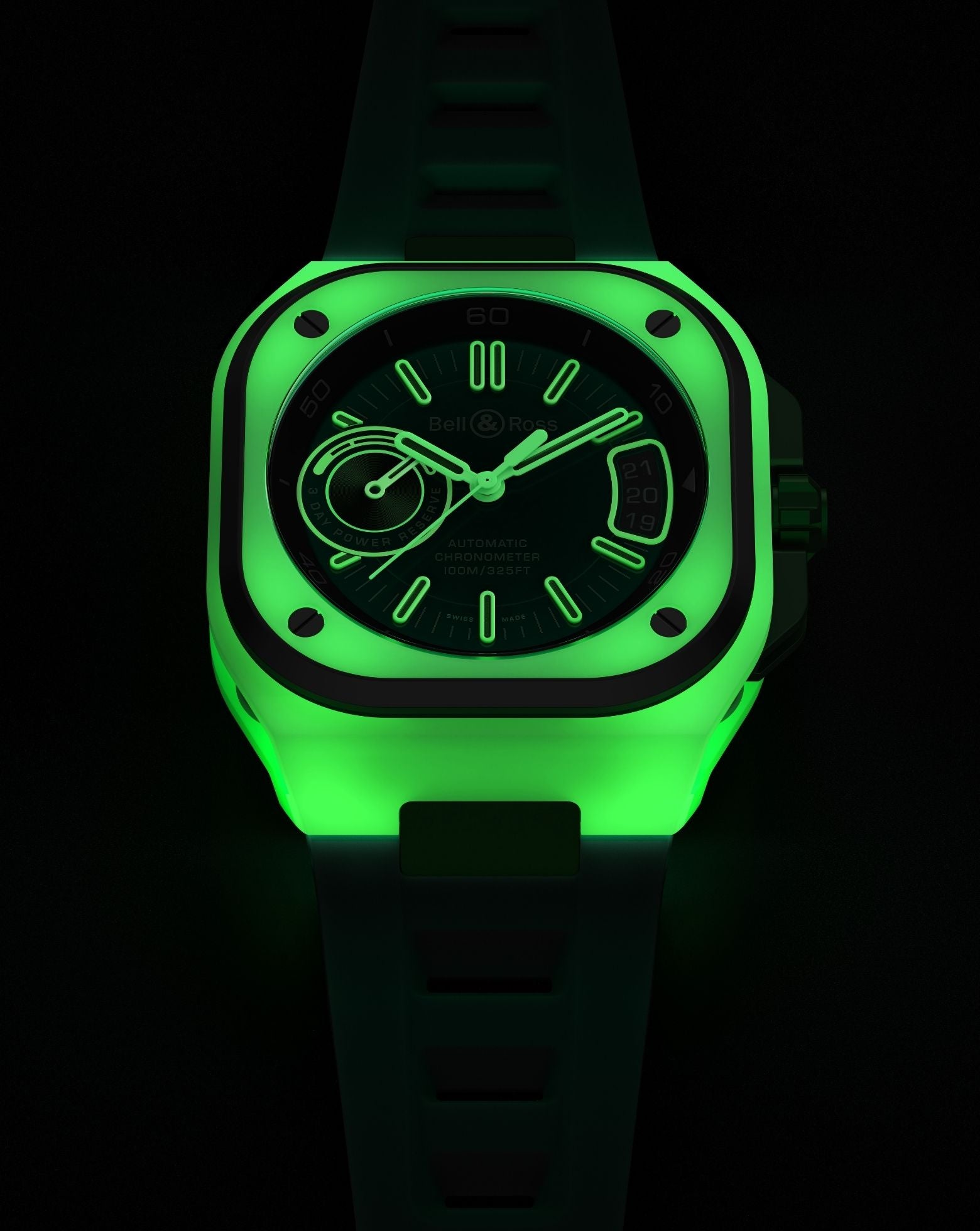 Bell & Ross BR-X5 GREEN LUM 41mm, Multi-component Case, Matt black Dial, Black Rubber Strap