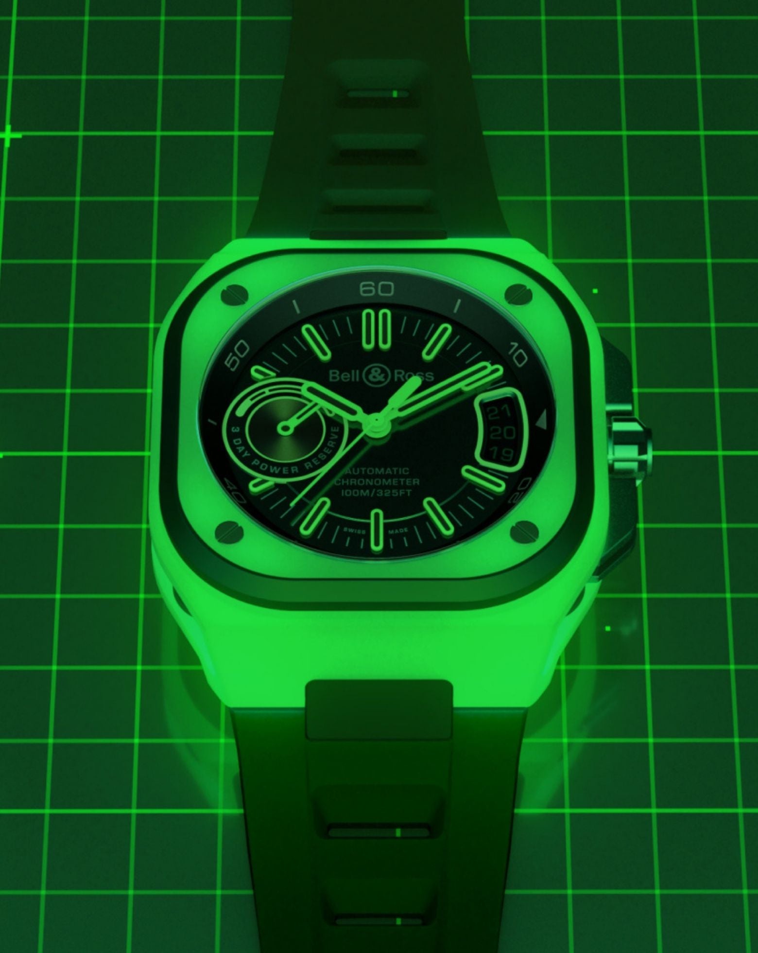 Bell & Ross BR-X5 GREEN LUM 41mm, Multi-component Case, Matt black Dial, Black Rubber Strap