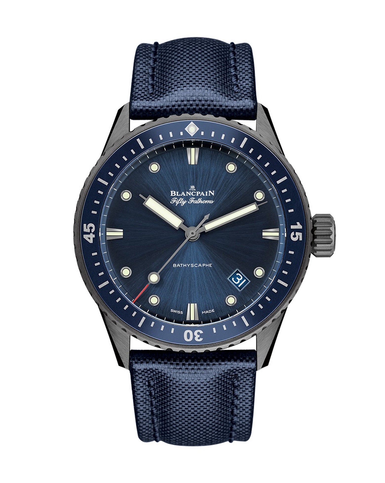 Blancpain Fifty Fathoms Bathyscaphe 43.6mm, Ceramic Case, Blue Dial, Blue Canvas Strap