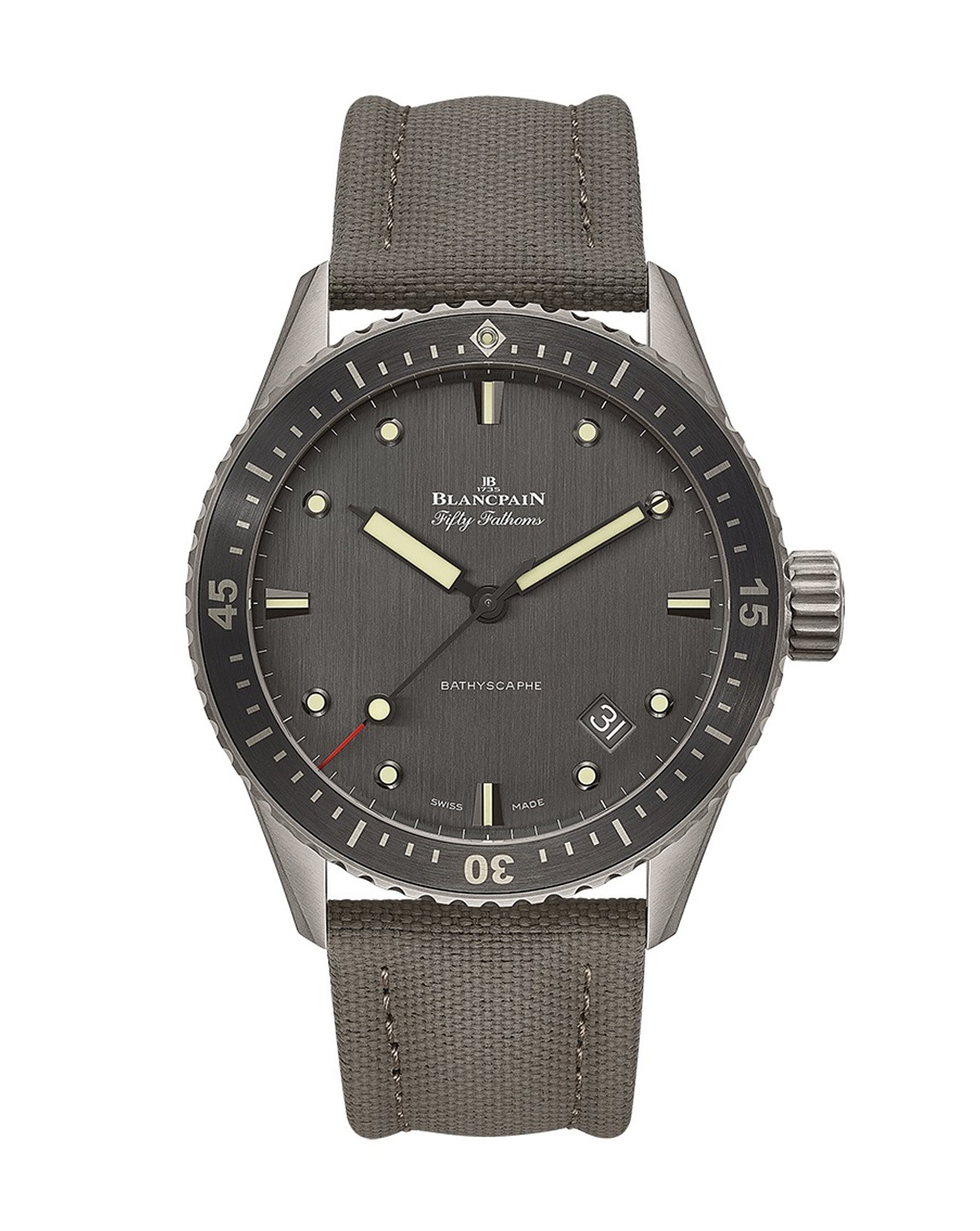 Blancpain Fifty Fathoms Bathyscaphe 43mm, Titanium Case, Grey Dial, Grey Canvas Strap