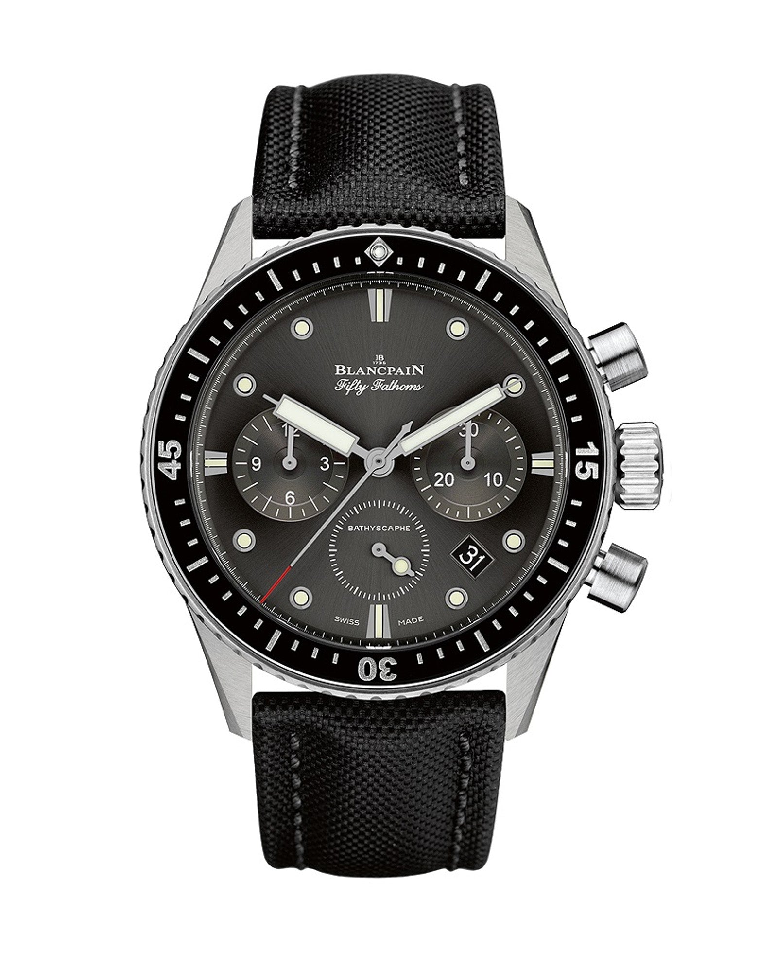 Blancpain Fifty Fathoms Bathyscaphe Chronographe Flyback 43mm, Steel Case, Black Dial, Black Canvas Strap