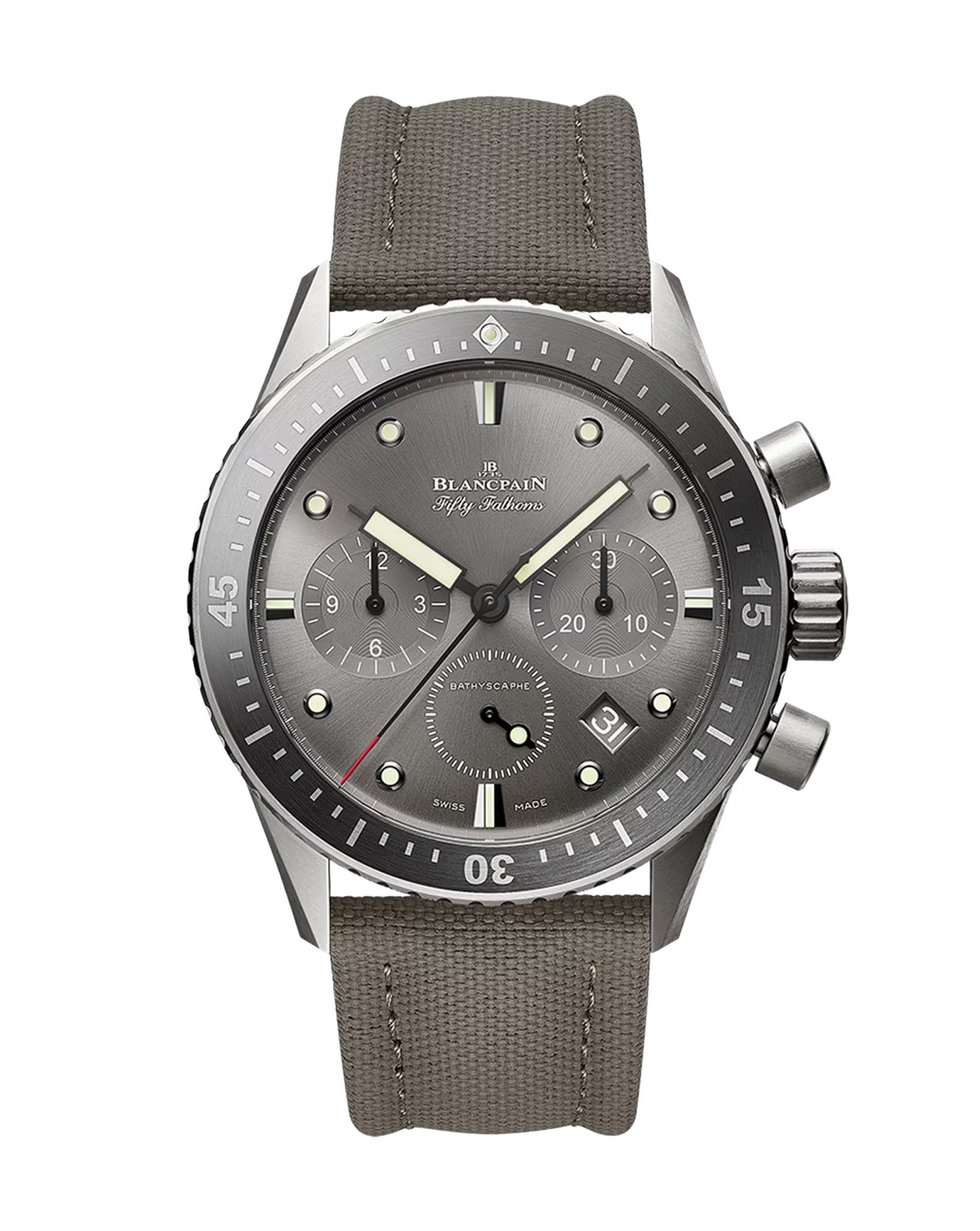 Blancpain Fifty Fathoms Bathyscaphe Chronographe Flyback 43mm, Titanium Case, Grey Dial, Grey Canvas Strap