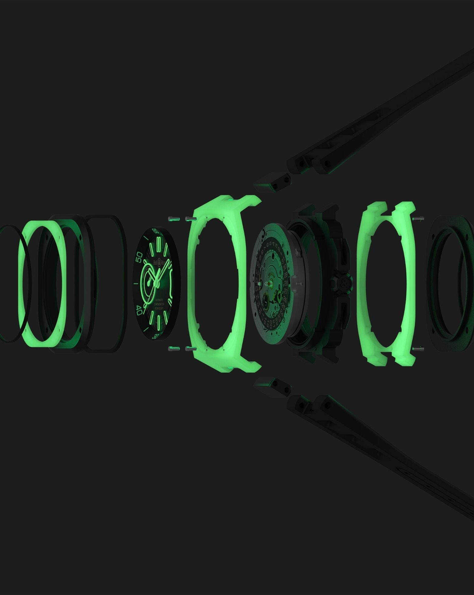 Bell & Ross BR-X5 GREEN LUM 41mm, Multi-component Case, Matt black Dial, Black Rubber Strap