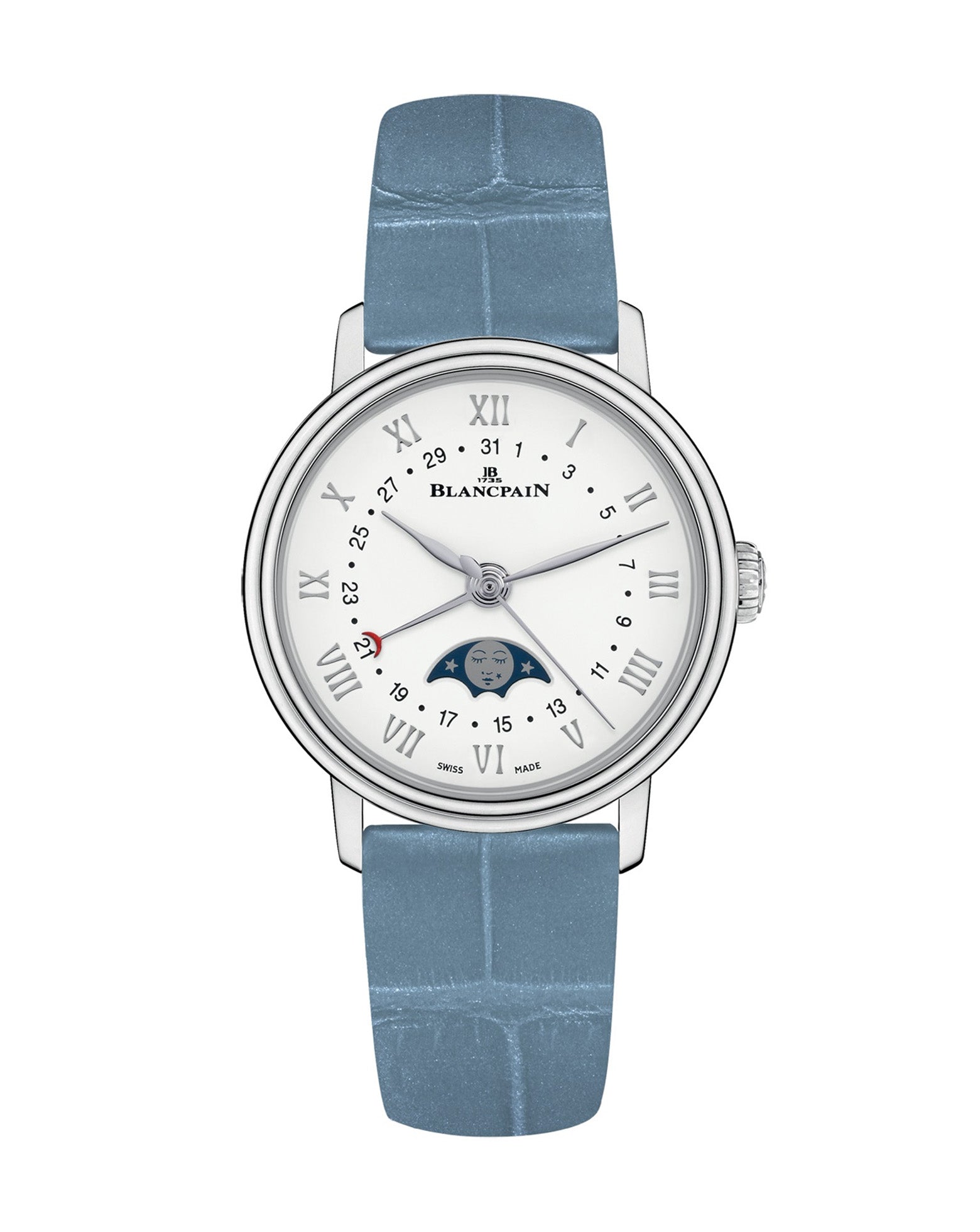 Blancpain Villeret Quantième Phases De Lune 29.2mm, Steel Case, White Dial, Blue Leather Strap