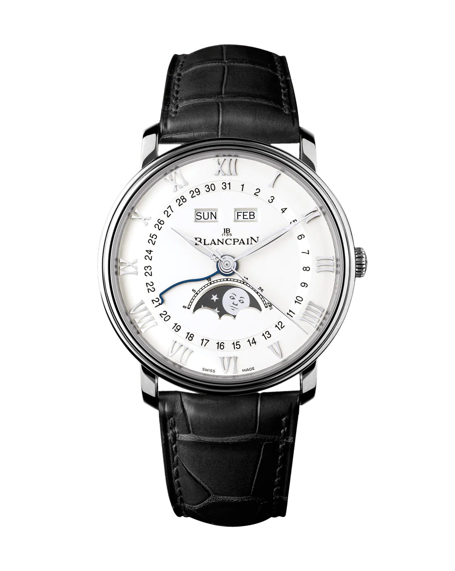 Blancpain Villeret Quantième Complet 40mm, Steel Case, White & Silver Dial, Black Leather Strap