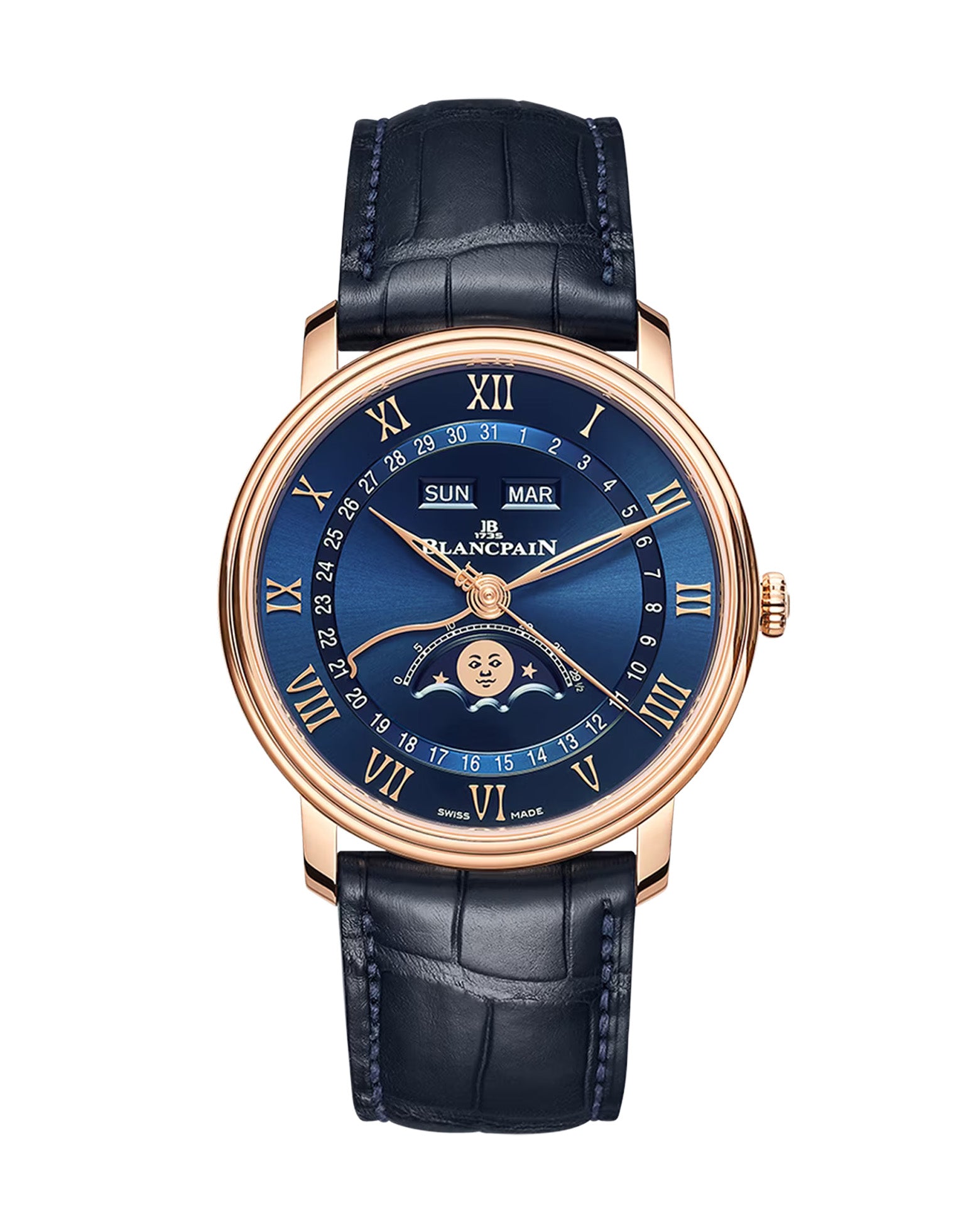 Blancpain Villeret Quantième Complet 40mm, Red Gold Case, Blue Dial, Blue Leather Strap