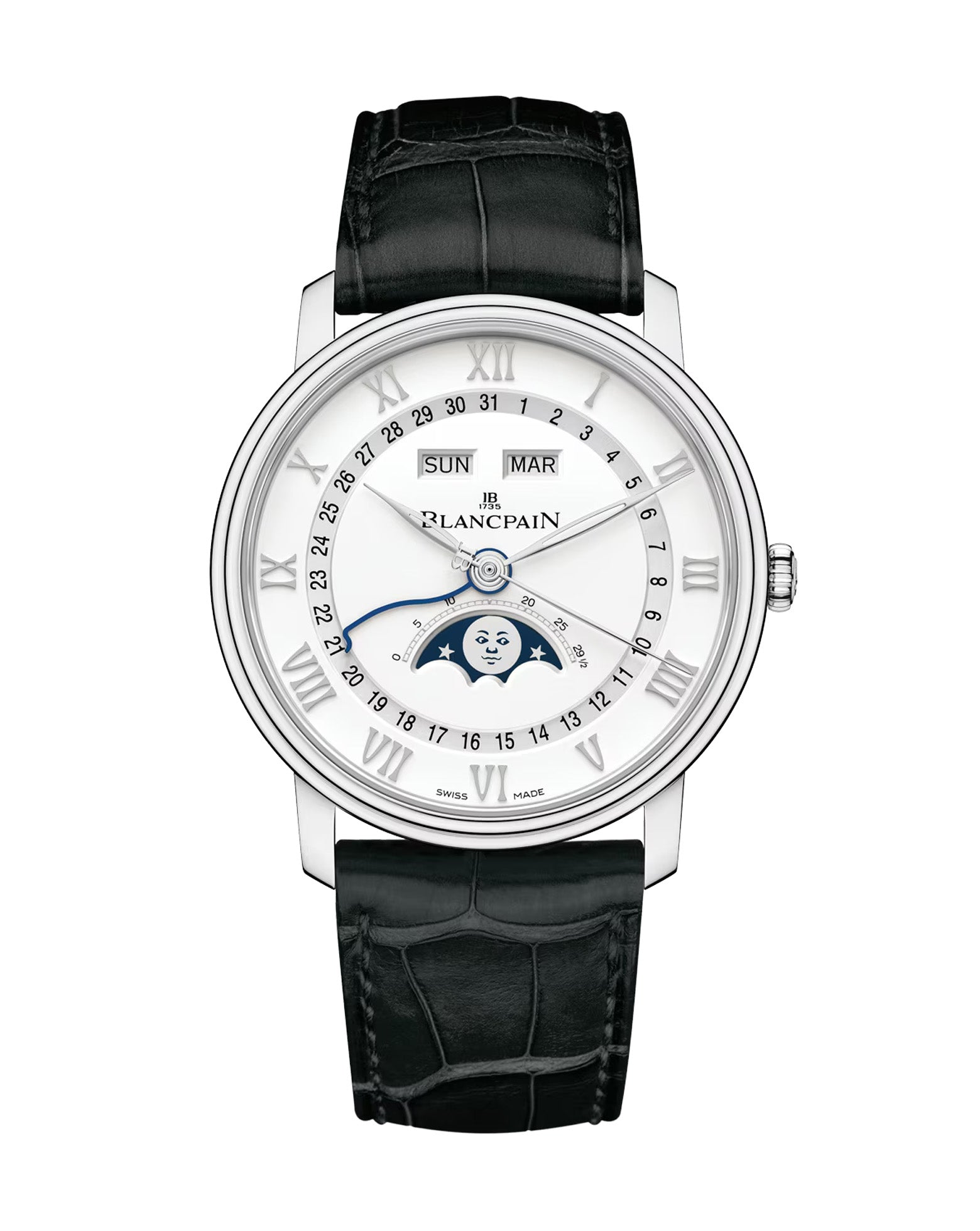 Blancpain Villeret Quantième Complet 40mm, Steel Case, White & Blue Dial, Black Leather Strap