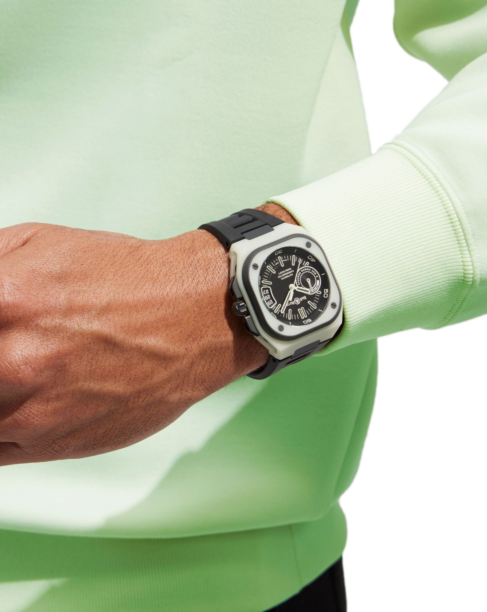 Bell & Ross BR-X5 GREEN LUM 41mm, Multi-component Case, Matt black Dial, Black Rubber Strap