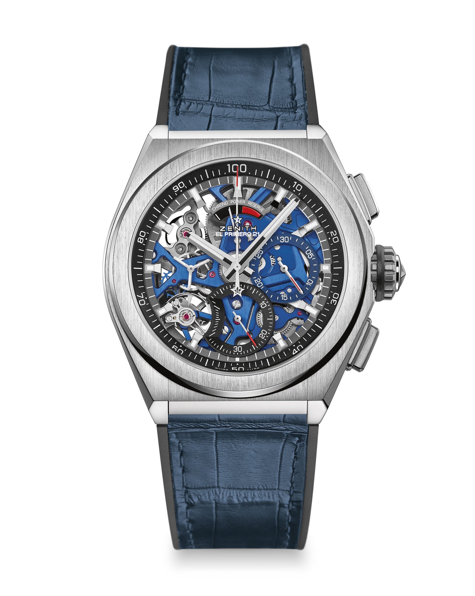 cortina ZENITH Defy 21 44mm Titanium Case Blue Dial Black Rubber with Blue Leather Strap
