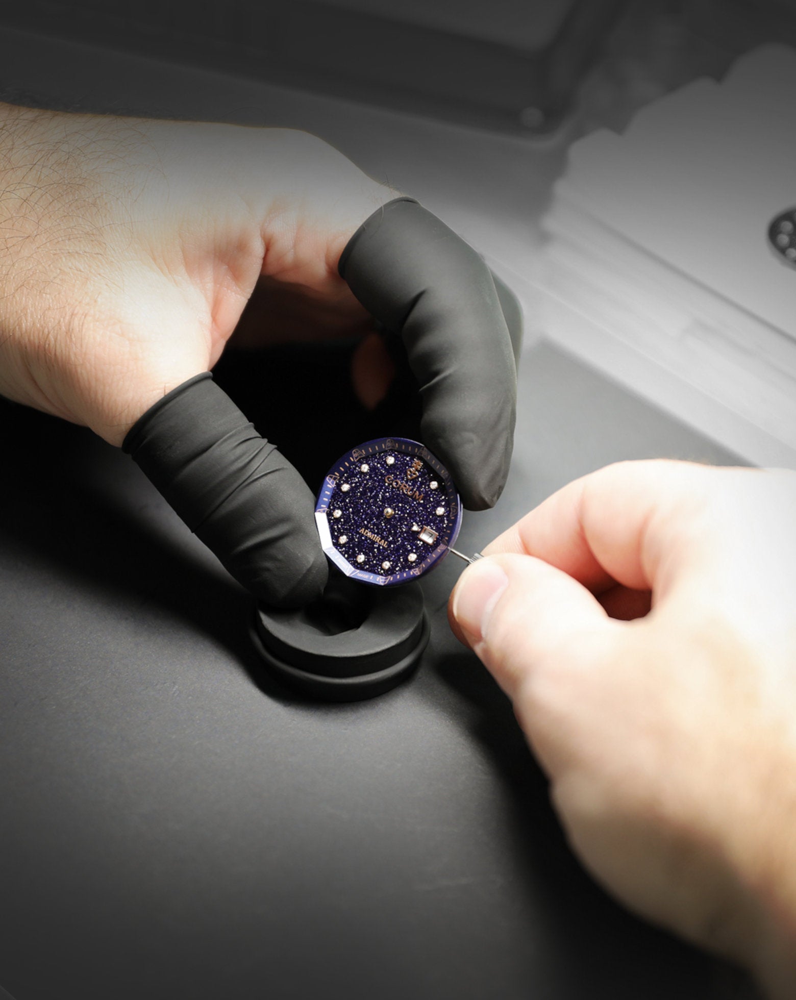 Corum Admiral 38 Automatic, Dark Blue Adventurine Dial With 10 Diamonds, 18K Rose Gold Case, 72 Round Diamonds On Bezel, White Rubber Strap 18K Rose Gold Triple Folding Clasp