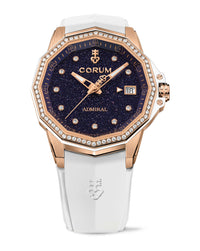 Corum Admiral 38 Automatic, Dark Blue Adventurine Dial With 10 Diamonds, 18K Rose Gold Case, 72 Round Diamonds On Bezel, White Rubber Strap 18K Rose Gold Triple Folding Clasp