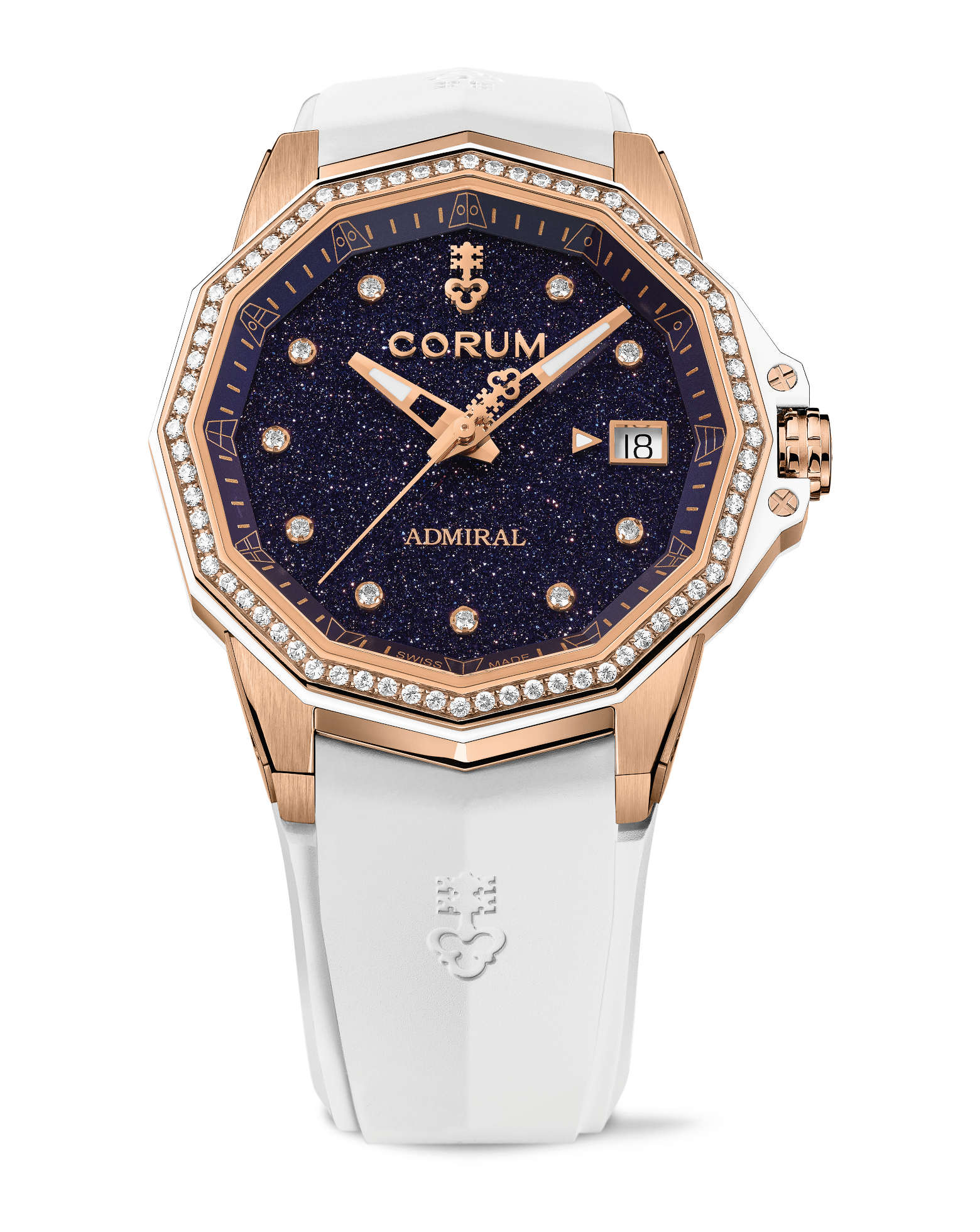 Corum Admiral 38 Automatic, Dark Blue Adventurine Dial With 10 Diamonds, 18K Rose Gold Case, 72 Round Diamonds On Bezel, White Rubber Strap 18K Rose Gold Triple Folding Clasp