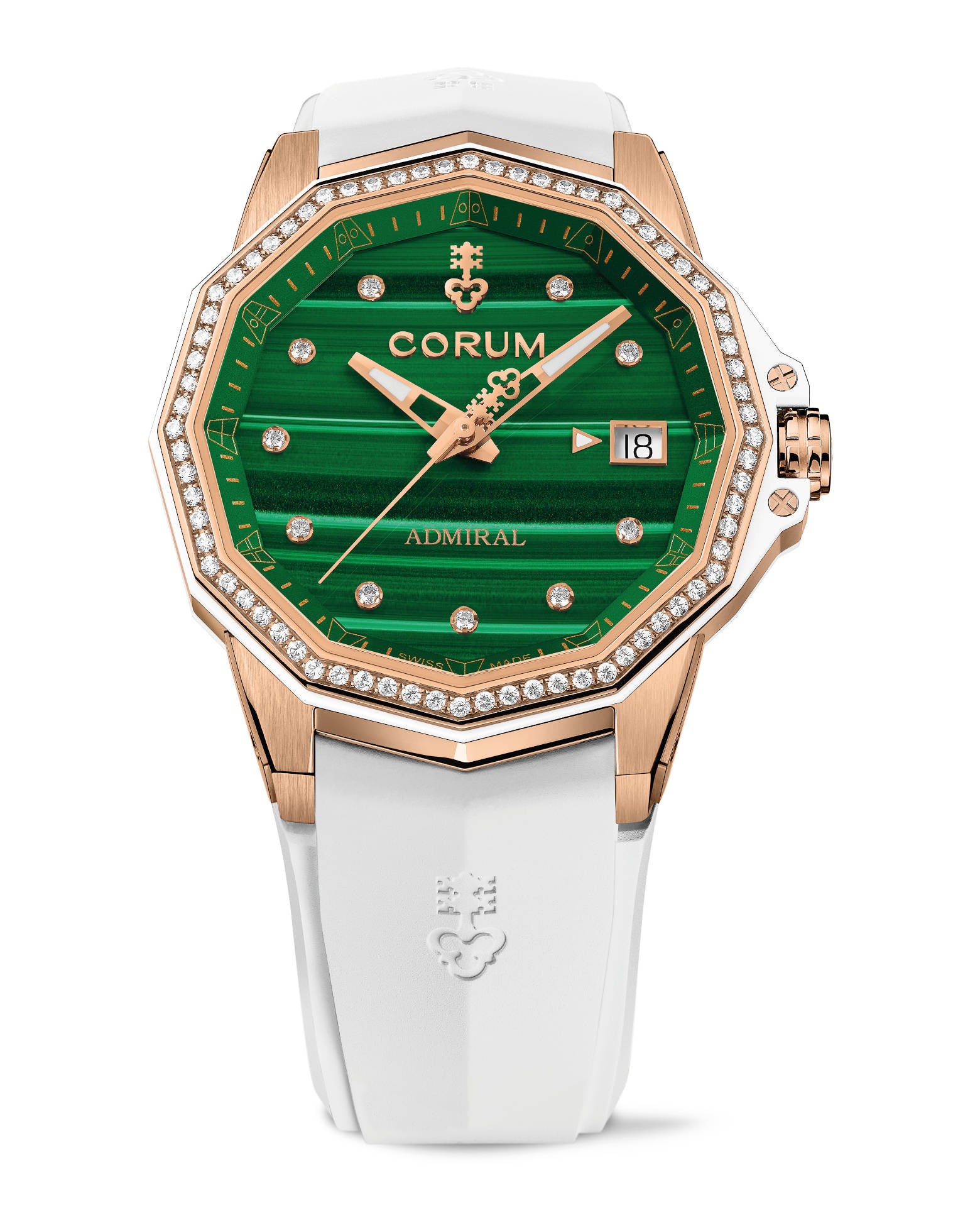 Corum Admiral 38 Automatic, Green Malachite Dial With 10 Diamonds, 18K Rose Gold Case, 72 Round Diamonds On Bezel, White Rubber Strap 18K Rose Gold Triple Folding Clasp