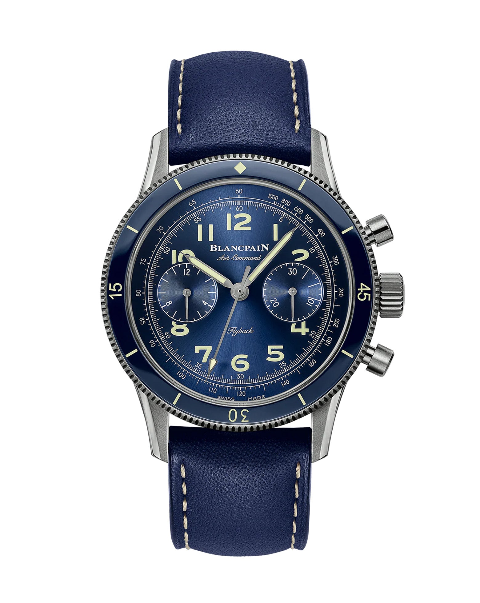 cortina Blancpain Air Command 42.5mm Titanium Case Blue Dial Blue Leather Strap