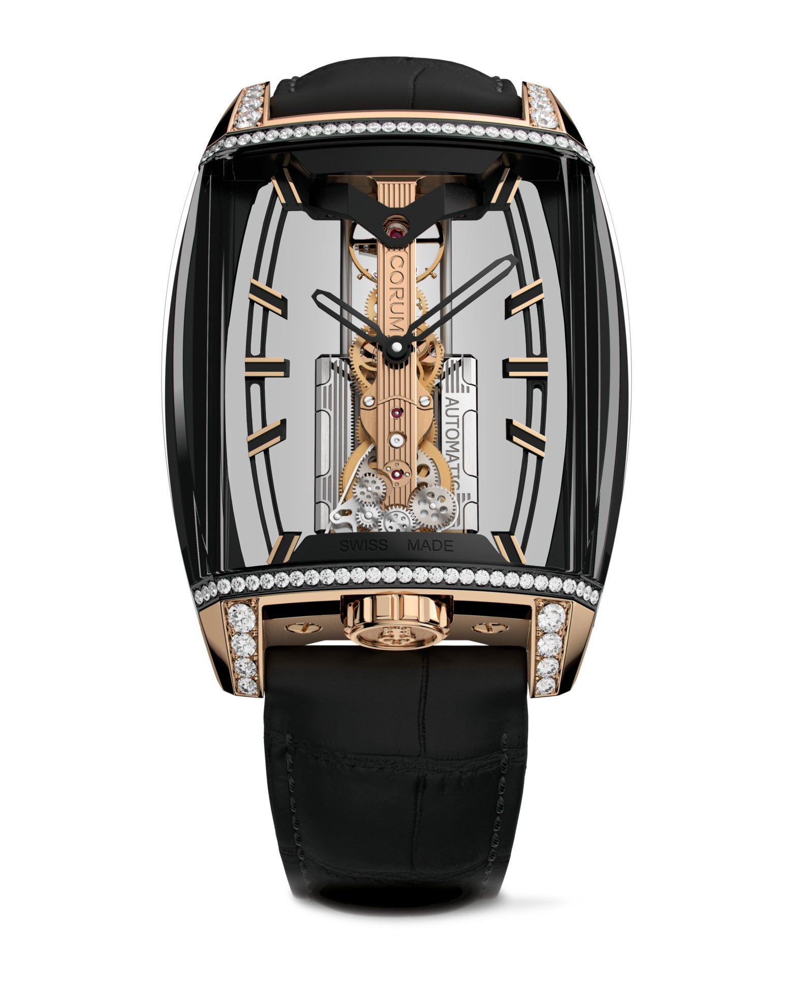 Corum Golden Bridge Avant-Garde Automatic, Titanium With Black Dlc Treatment Case, 18K Rose Gold Horns And Crown, 72 Diamonds, Titanium With Black Dlc Cover In 18K Rose Gold Triple Folding Clasp