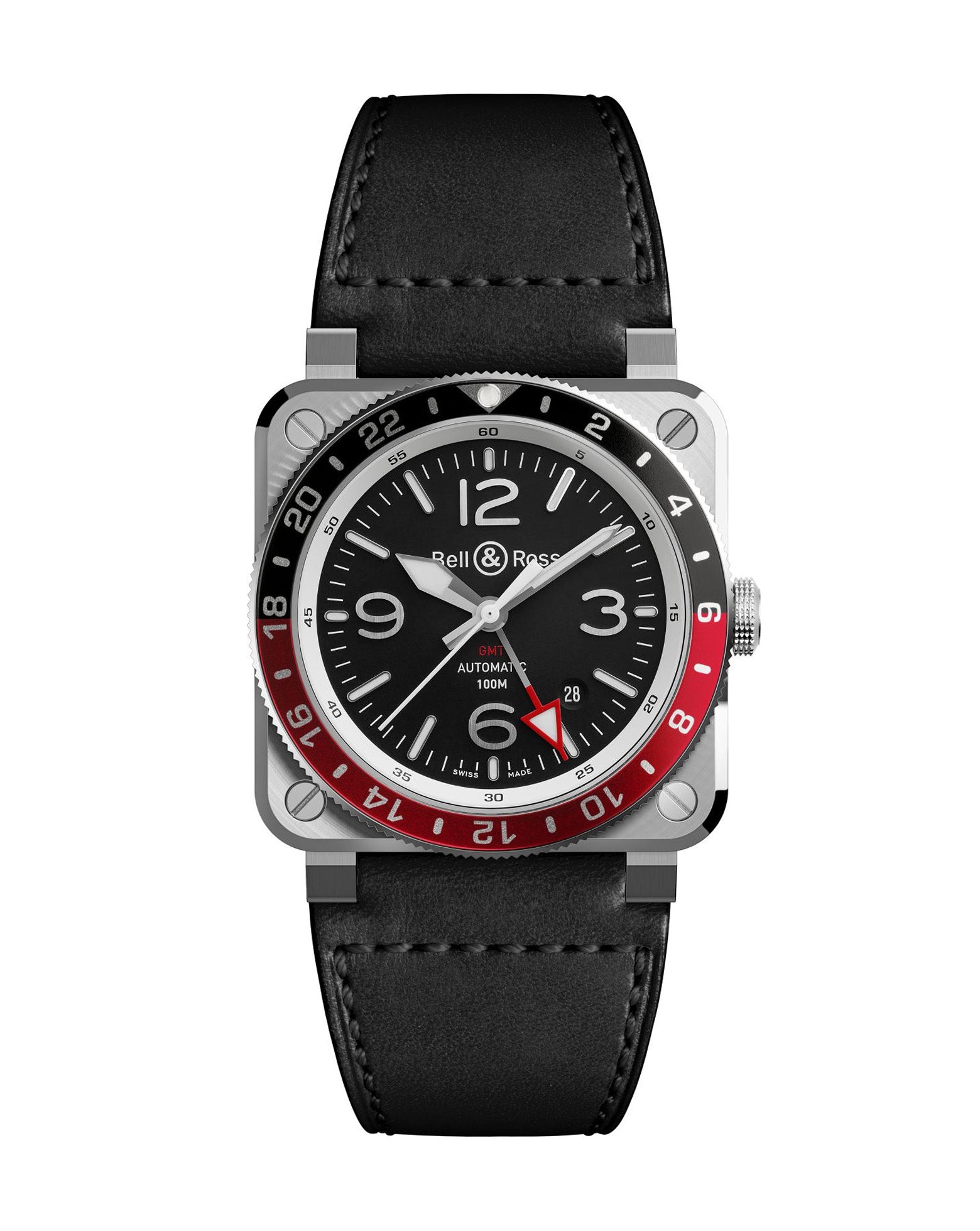 Bell & Ross BR 03-93 GMT 42mm, Steel Case, Black Dial, Black Leather Strap