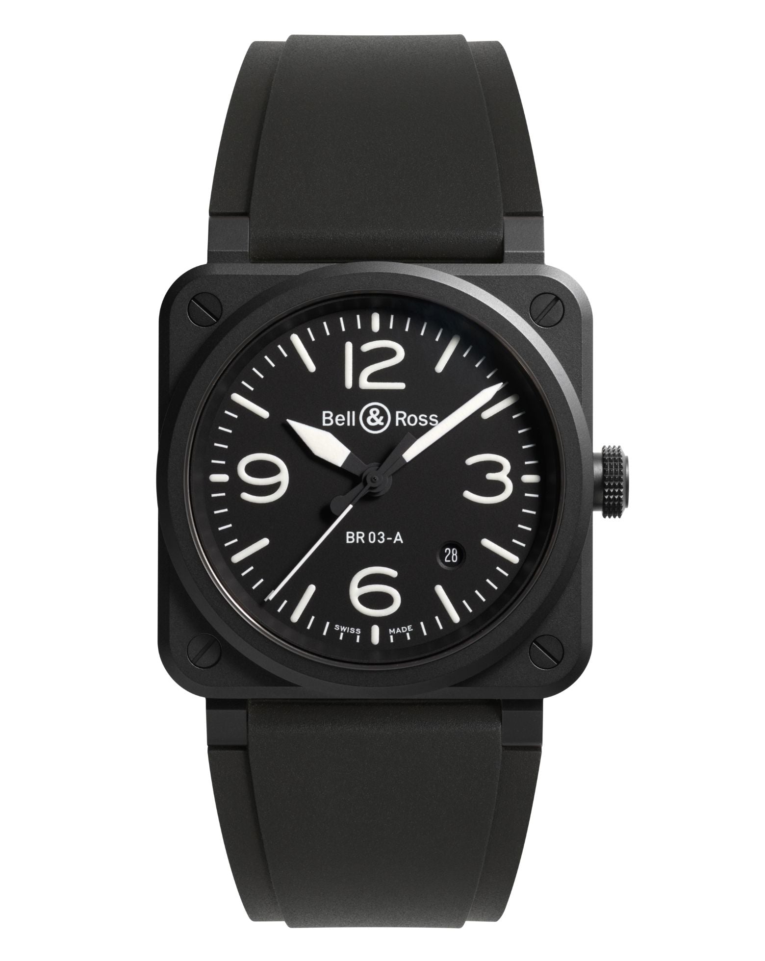 Bell & Ross BR 03 BLACK MATTE 41mm, Black Ceramic Case, Black Dial, Black Rubber Strap