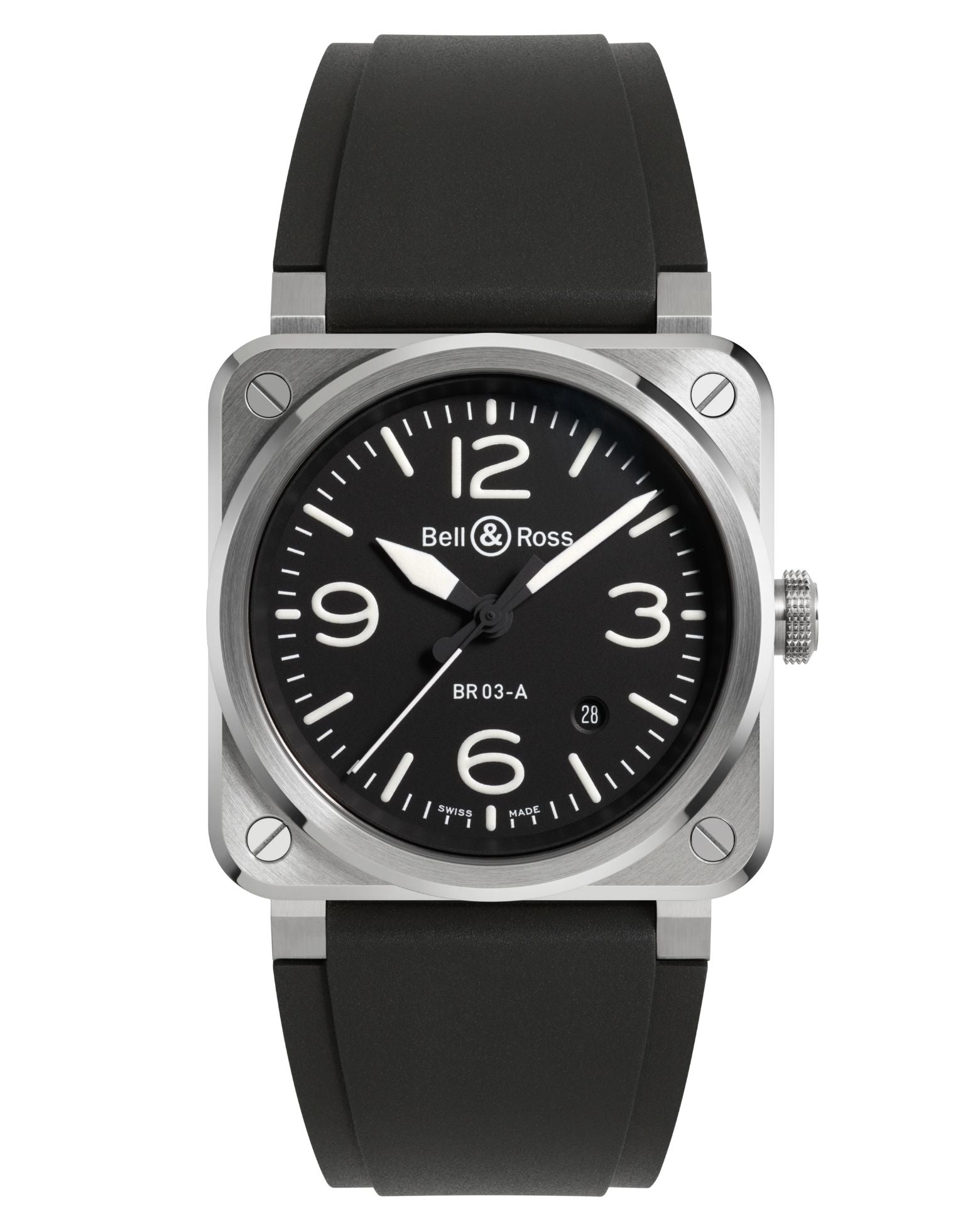 Bell & Ross BR 03 BLACK STEEL 41mm, Satin-Polished Steel Case, Black Dial, Black Rubber Strap