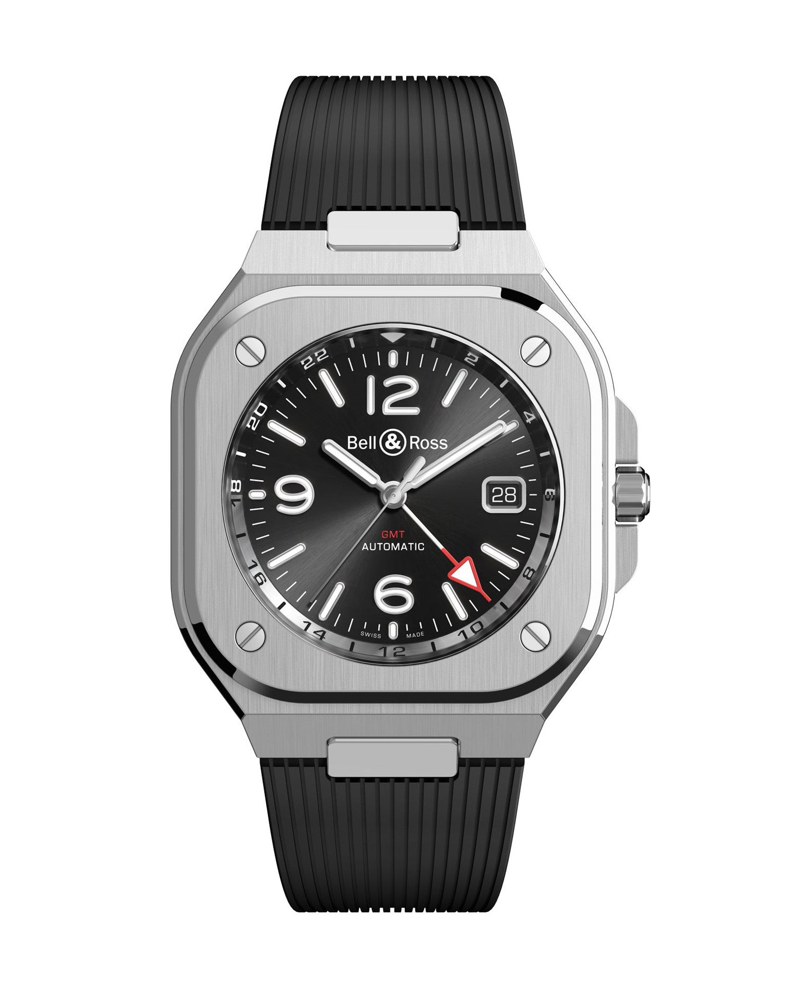 Bell & Ross BR 05 GMT 41mm, Steel Case, Black Dial, Black Rubber Strap