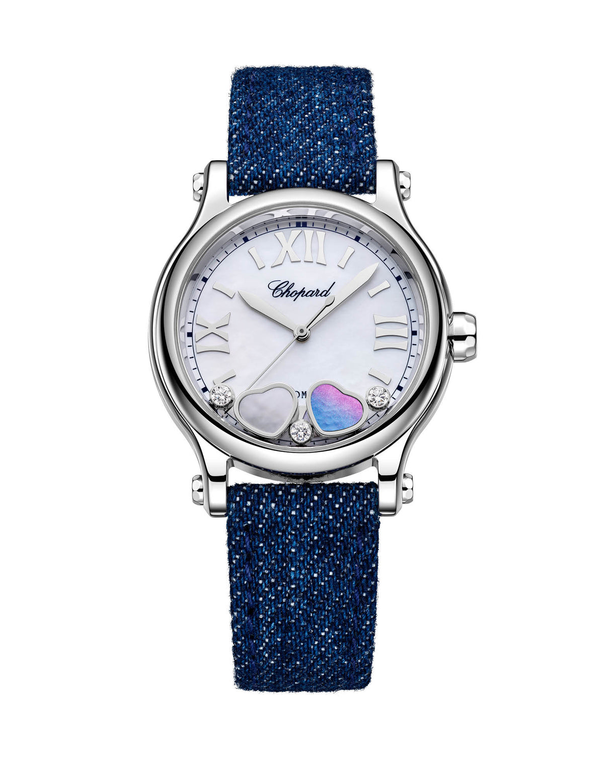 Chopard Happy Hearts 33mm, Lucent Steel, White Mother-Of-Pearl Dial, Navy Blue Denim Strap