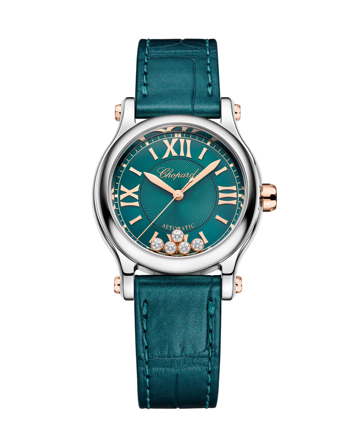 Chopard Happy Sport 30mm, 18-Carat Rose Gold and Lucent Steel, Teal Dial, Pearly Teal Alligator Strap