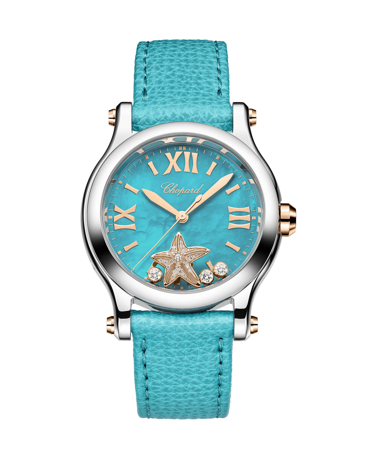 Chopard Happy Starfish,  36mm, 18-Carat Rose Gold and Lucent Steel, Turquoise Mother-Of-Pearl, Turquoise Grained Calfskin Leather Strap