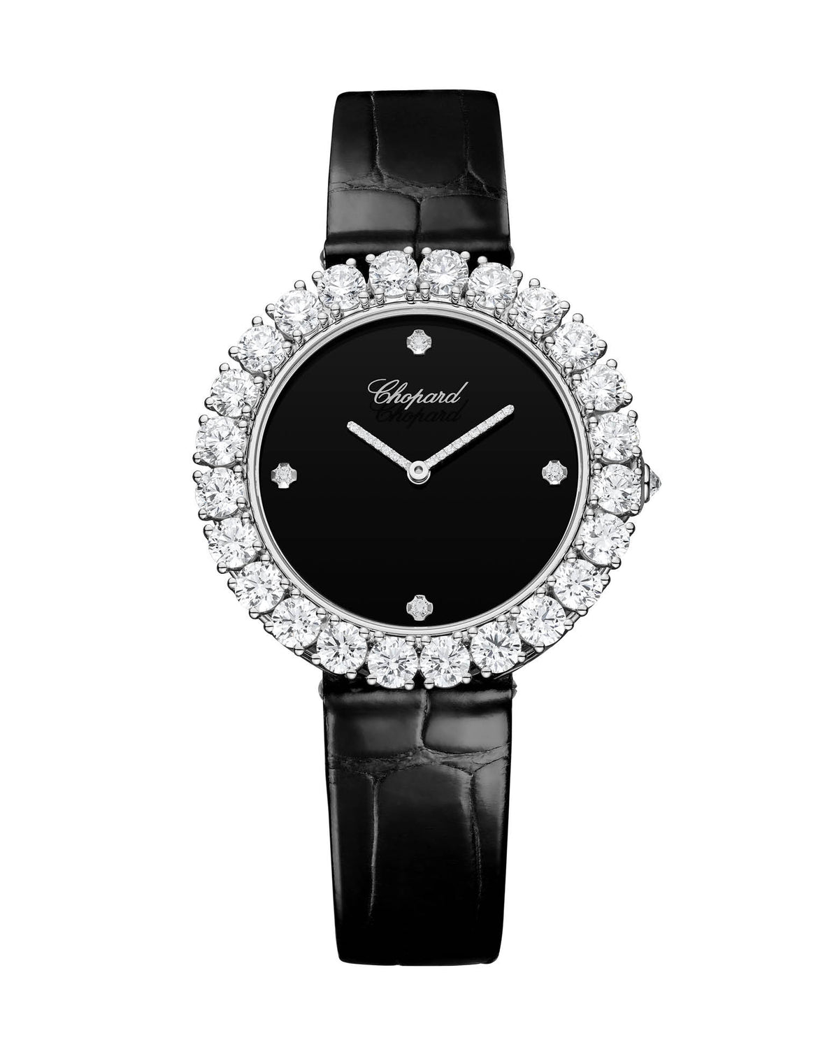 Chopard L'Heure Du Diamant 36mm, 18-Carat White Gold, Onyx Dial, black alligator leather strap