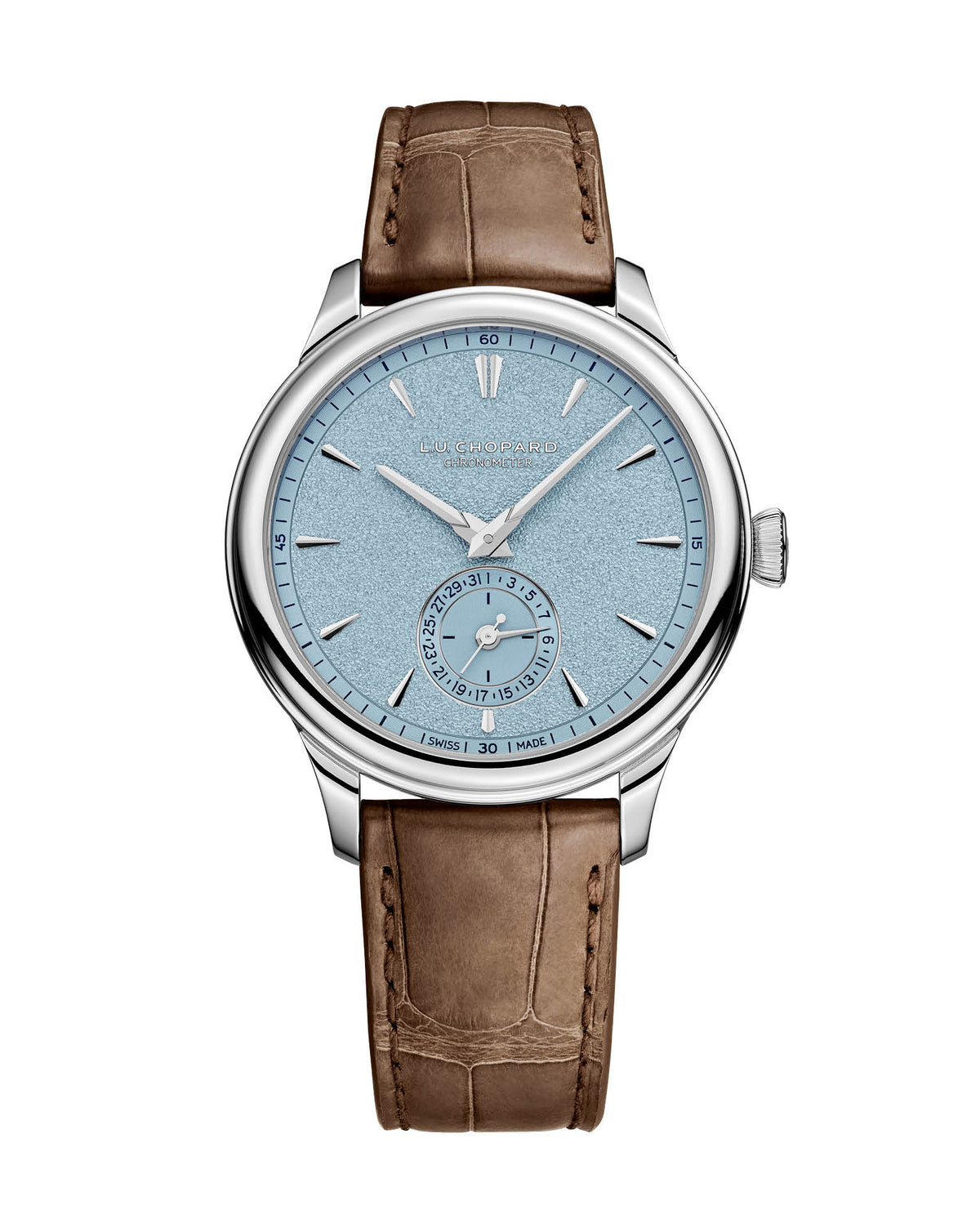 Chopard L.U.C Quattro Mark IV 39mm, Platinum, Blue Dial, Grey Strap with Hand-Stitched Detail