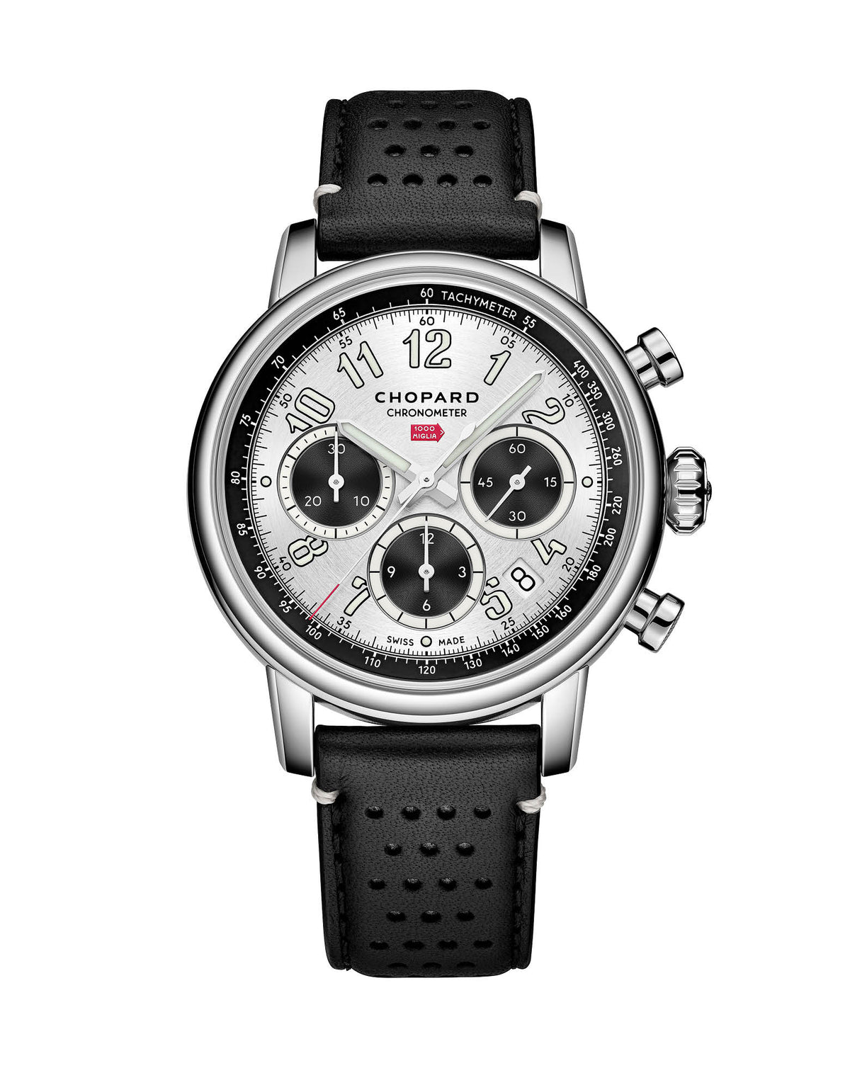 Chopard Mille Miglia Classic Chronograph 40.5mm, Lucent Steel, Silver Dial, Black Calfskin Leather Perforated (matt)