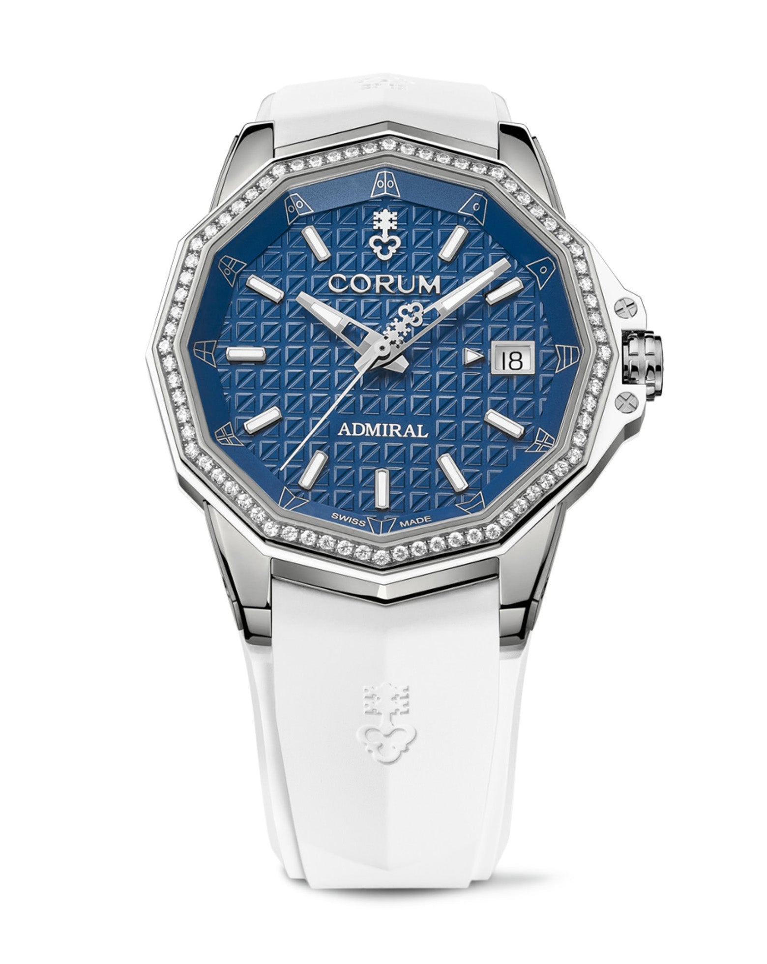 Corum Admiral Automatic 38mm, Titanium Case with Diamonds, Blue Dial, White Rubber Strap, Limited Edition
