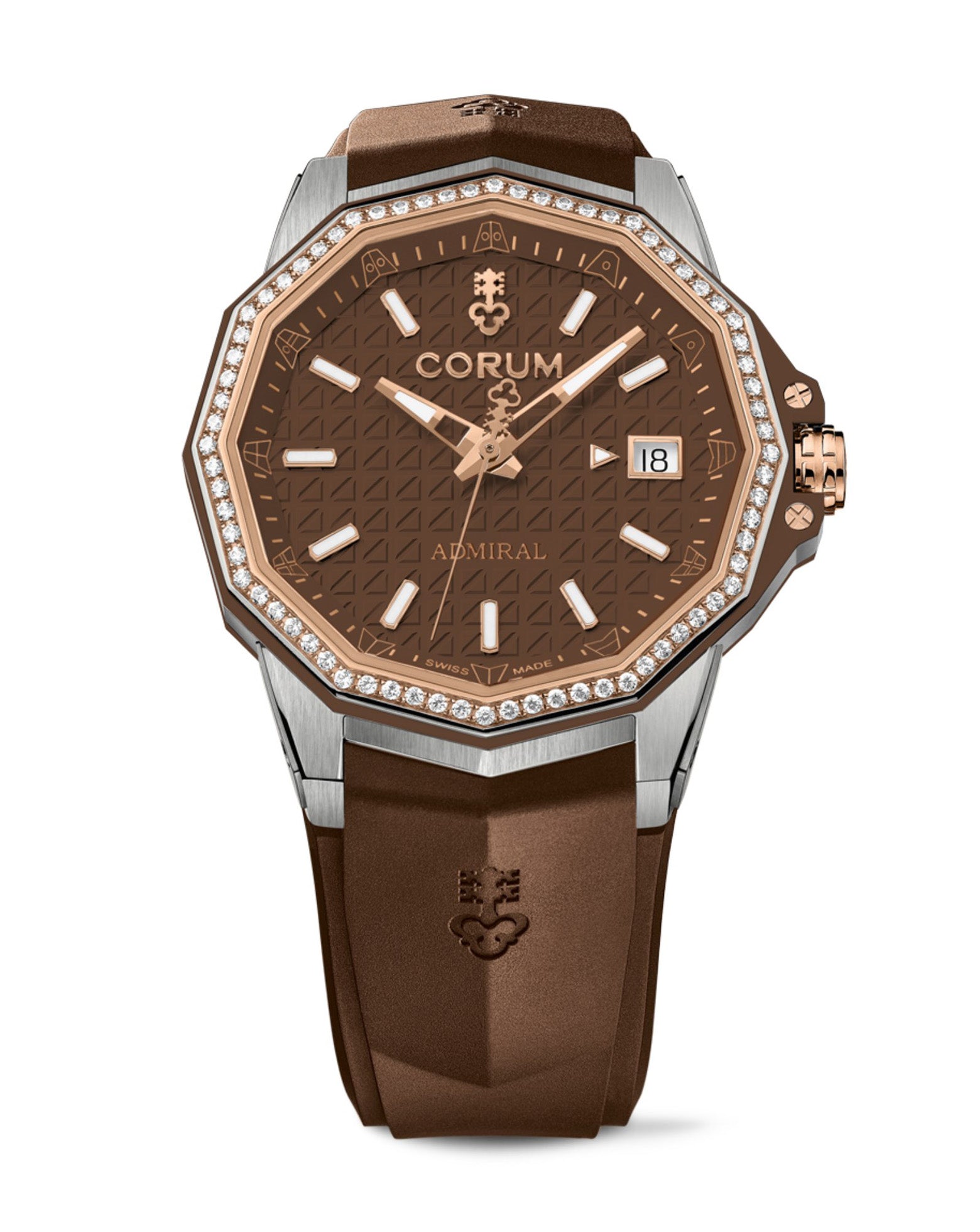 Corum Admiral Automatic 38mm, Titanium and Gold Case with Diamonds, Brown Dial, Brown Rubber Strap