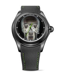 Corum Bubble X-Ray 47mm, Steel with Black PVD Case, Black Dial with Green Luminova Skull, Black Rubber & Leather Strap