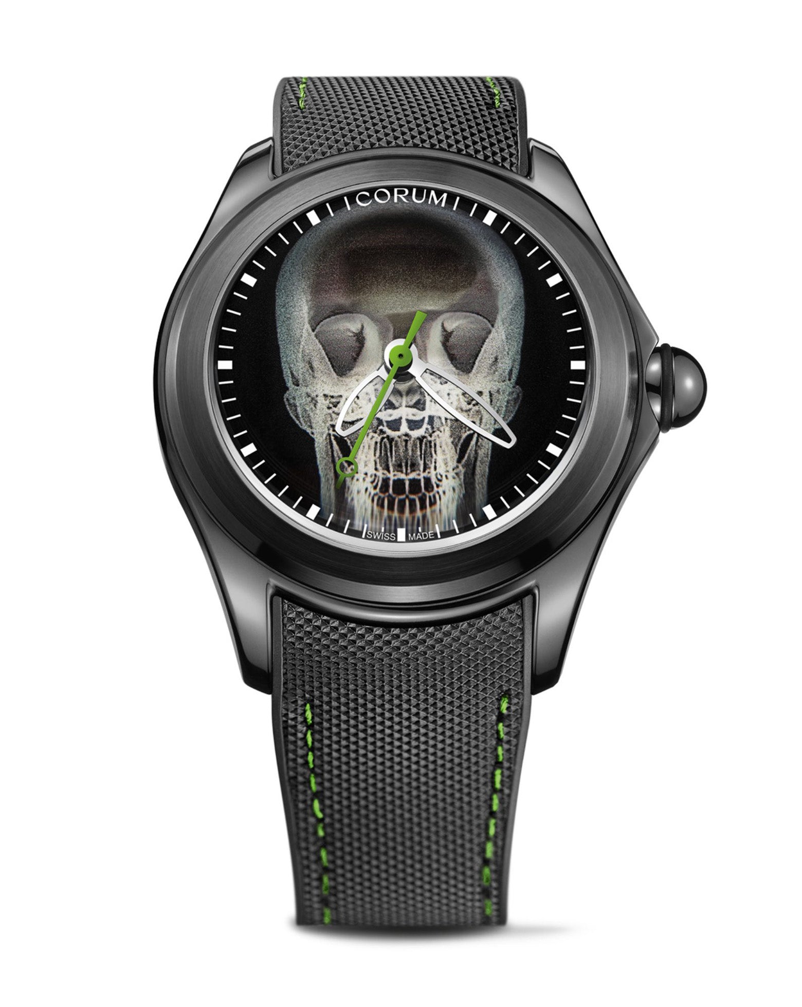 Corum Bubble X-Ray 47mm, Steel with Black PVD Case, Black Dial with Green Luminova Skull, Black Rubber & Leather Strap