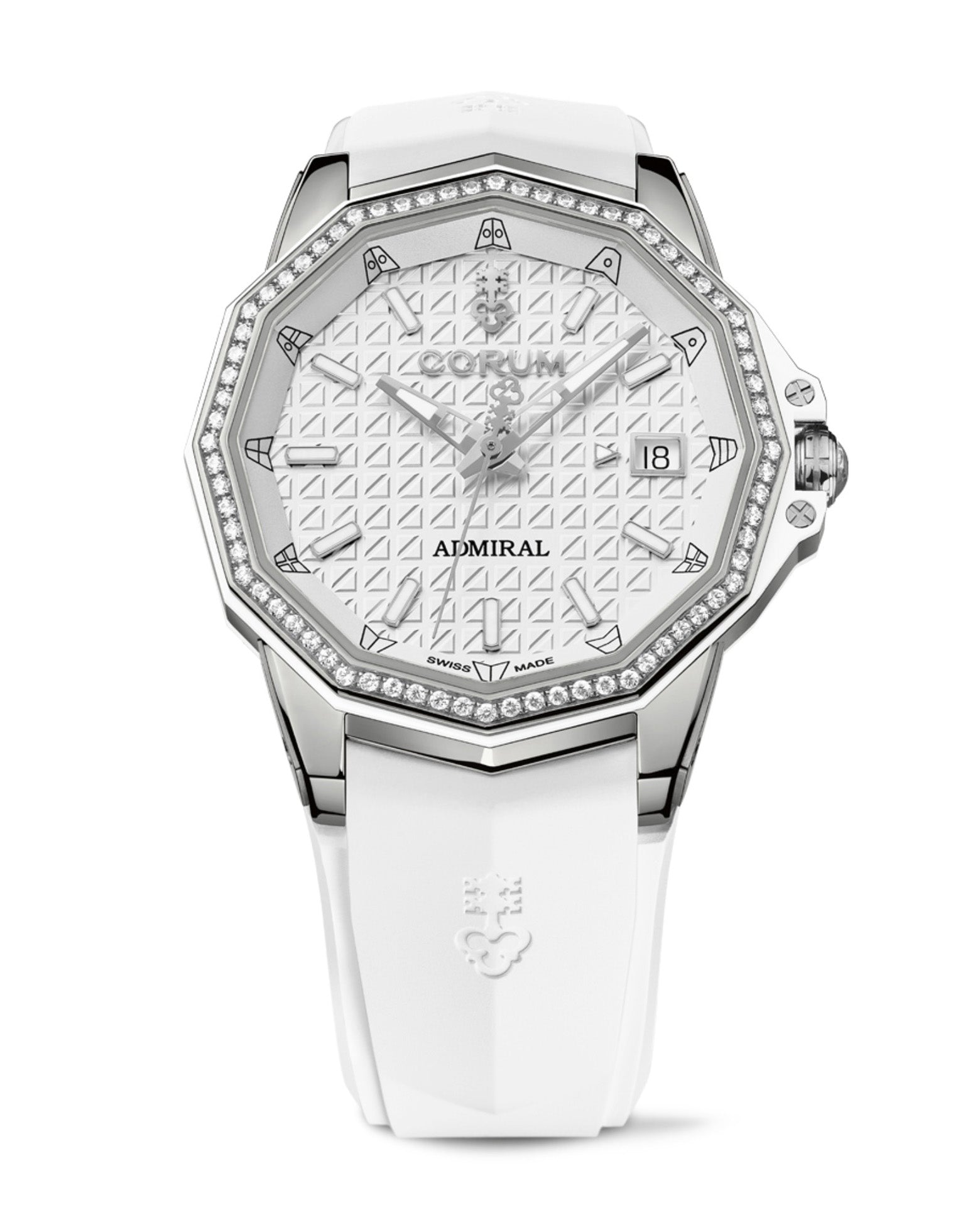 Corum Admiral Automatic 38mm, Titanium with Diamond Bezel, White Dial, White Rubber Strap