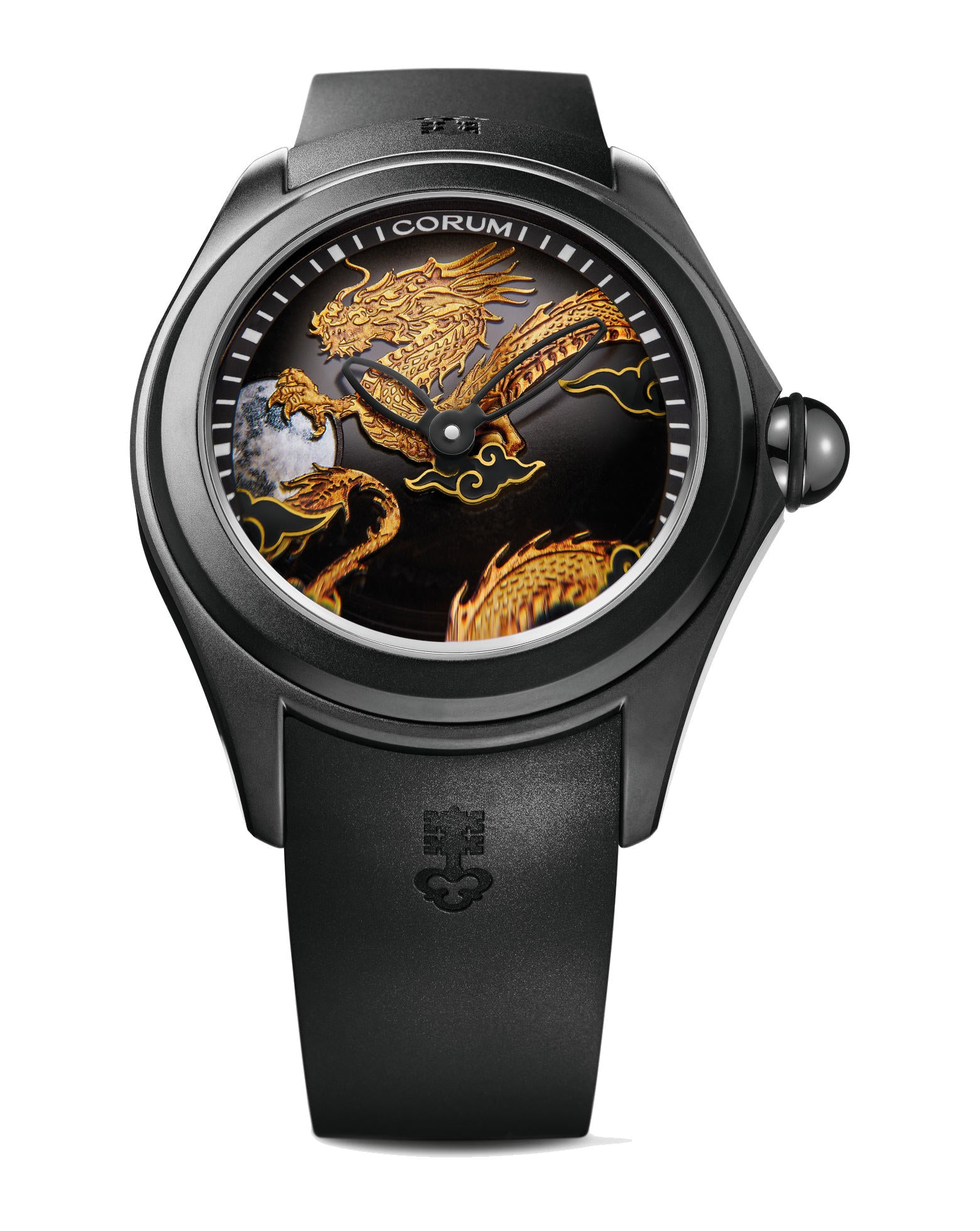 Corum Bubble 47 Dragon, Stainless Steel with Black PVD Case, Black sunray dial with gold dragon and moon made of Mother-of-Pearl, Black Rubber Strap