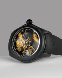Corum Bubble 47 Dragon, Stainless Steel with Black PVD Case, Black sunray dial with gold dragon and moon made of Mother-of-Pearl, Black Rubber Strap