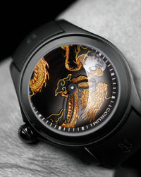Corum Bubble 47 Dragon, Stainless Steel with Black PVD Case, Black sunray dial with gold dragon and moon made of Mother-of-Pearl, Black Rubber Strap