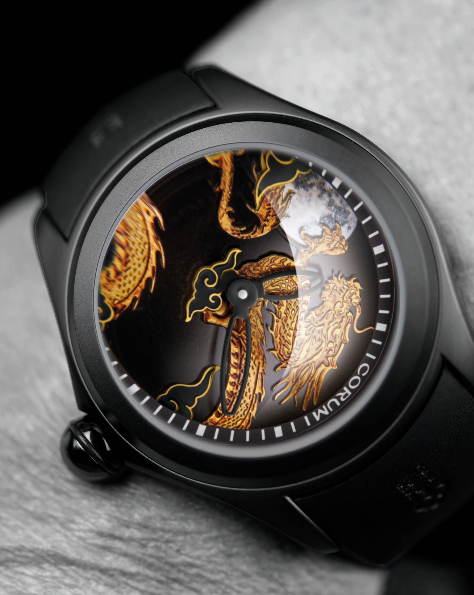 Corum Bubble 47 Dragon, Stainless Steel with Black PVD Case, Black sunray dial with gold dragon and moon made of Mother-of-Pearl, Black Rubber Strap