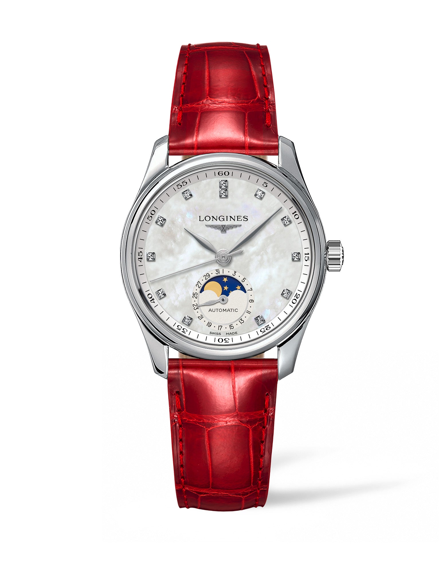 Longines Master Collection Automatic Moon-phase 34mm, White Dial, Red Leather Strap