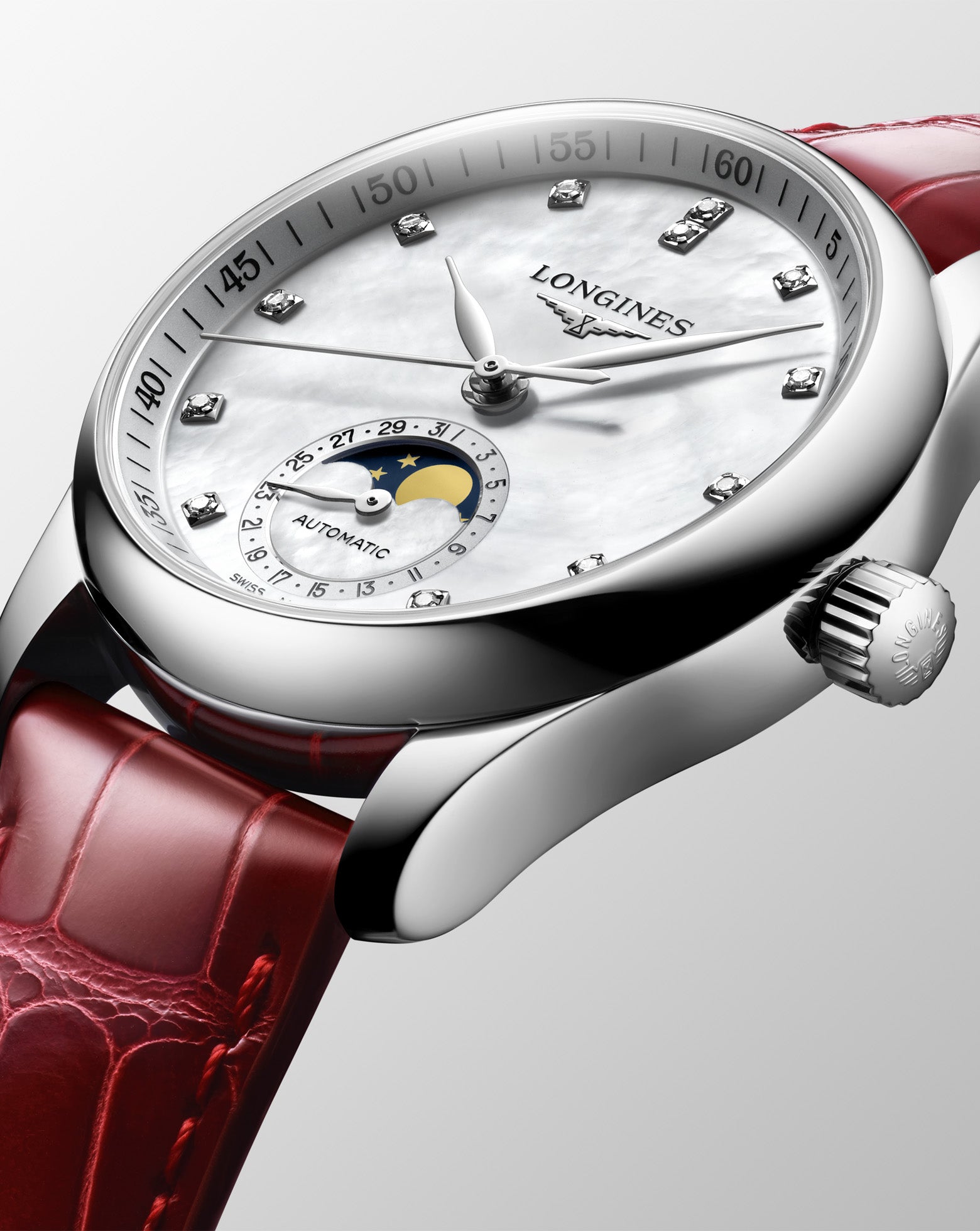 Longines Master Collection Automatic Moon-phase 34mm, White Dial, Red Leather Strap