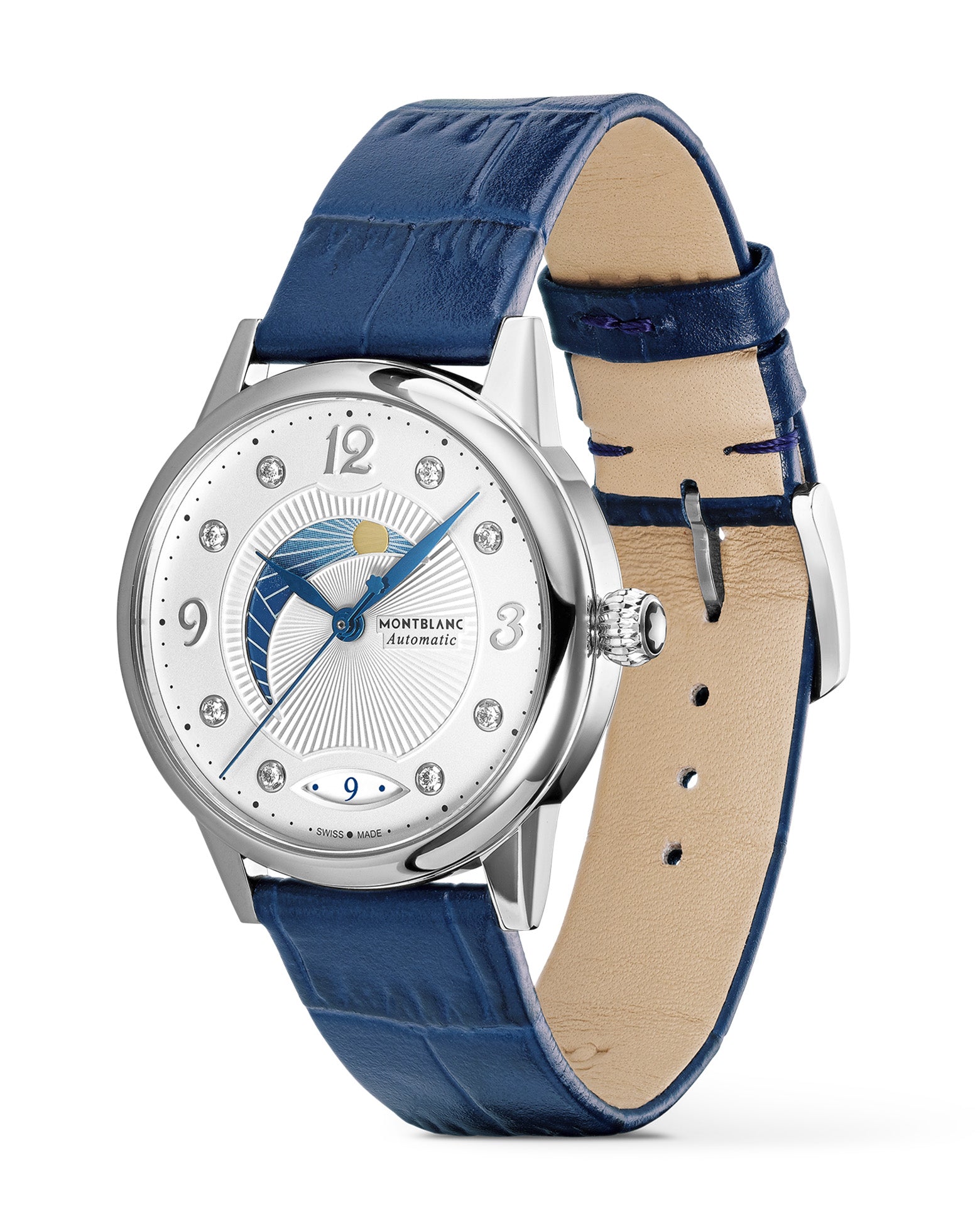 Montblanc Bohéme Day & Night 34mm, Silver-White Dial, Blue Leather Strap