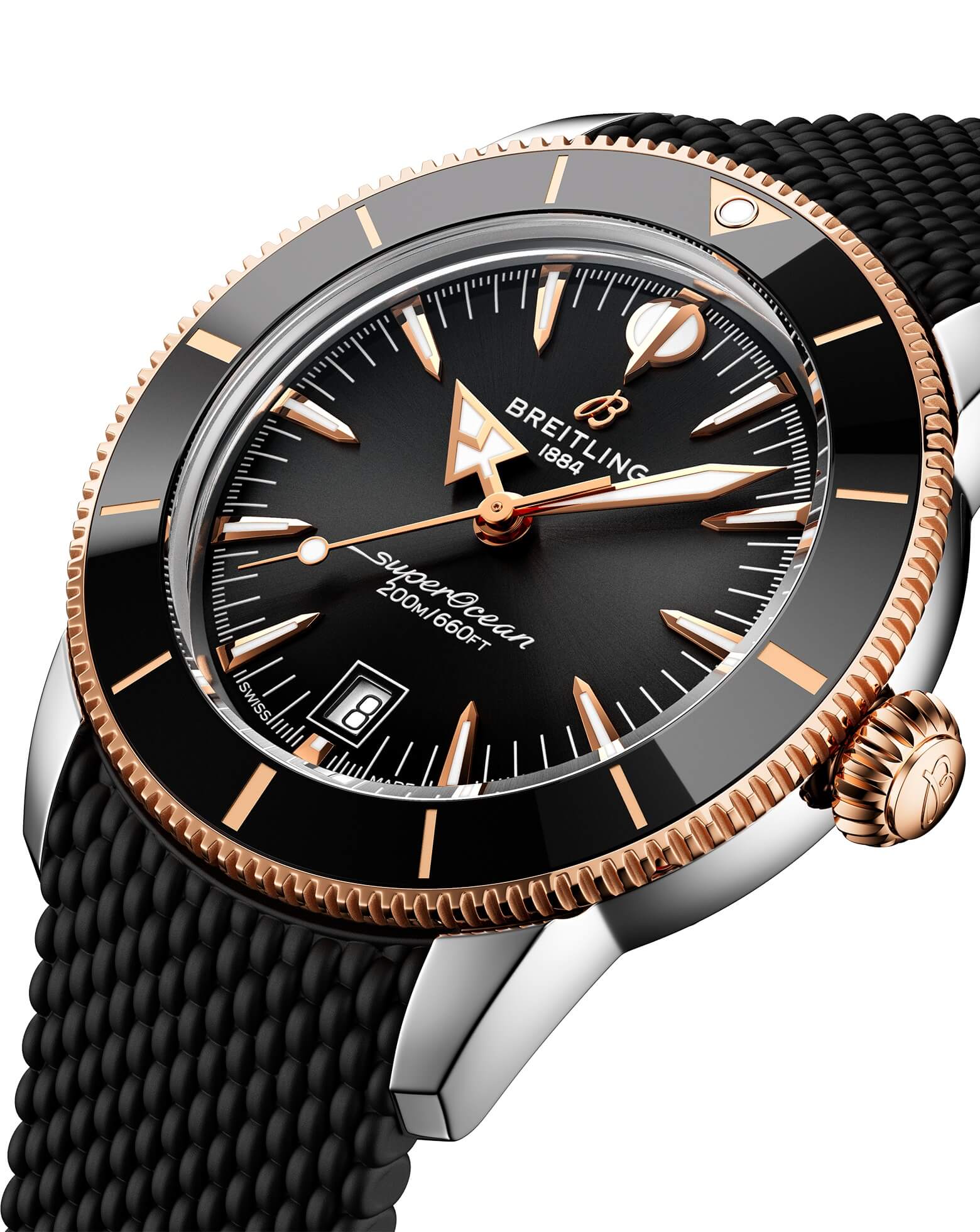 Breitling Superocean Heritage B31 Automatic 42mm, Steel & Red Gold Case, Black Dial, Rubber Deployant Strap