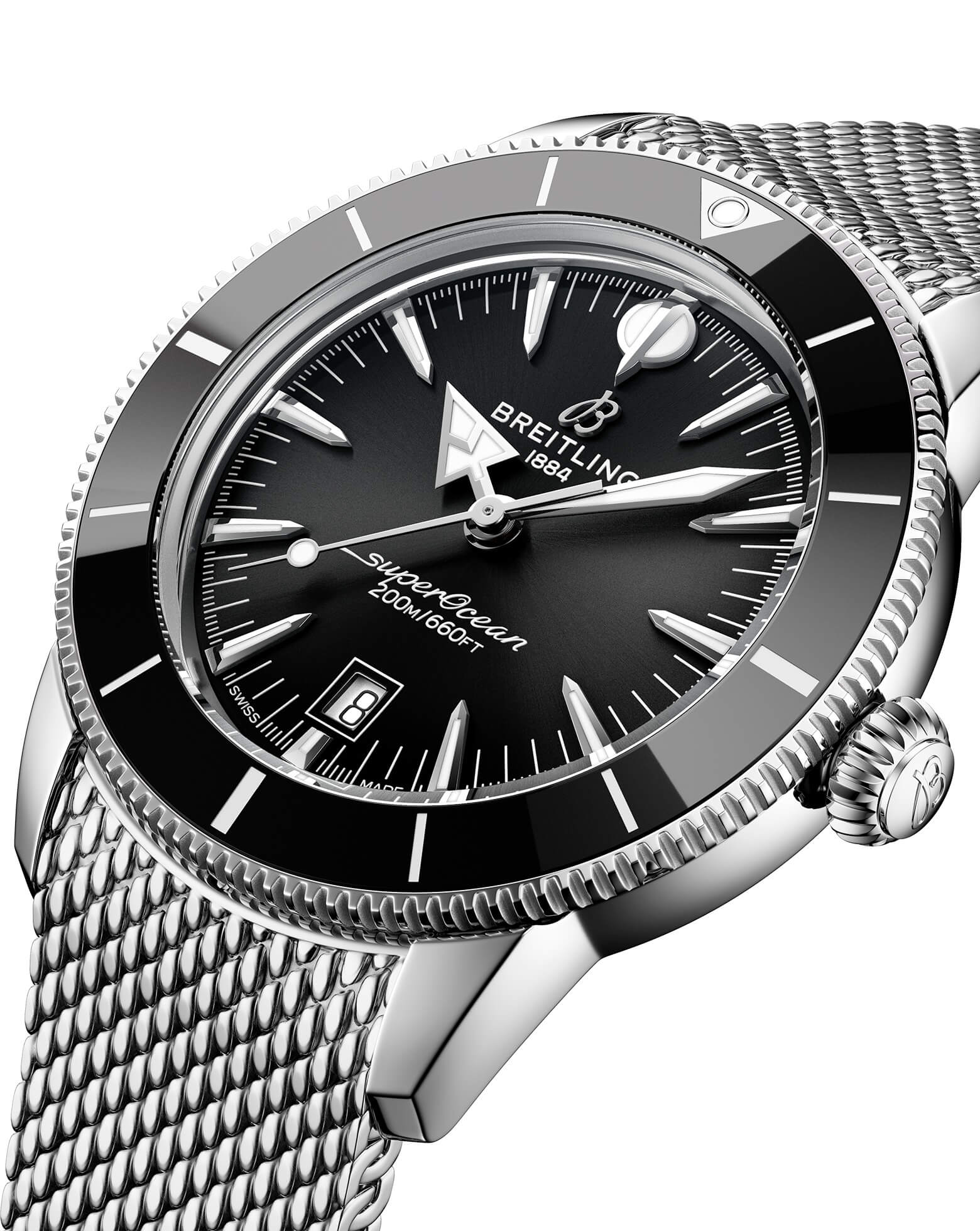 Breitling Superocean Heritage B31 Automatic 44mm, Steel Case, Black Dial, Steel Mesh Bracelet