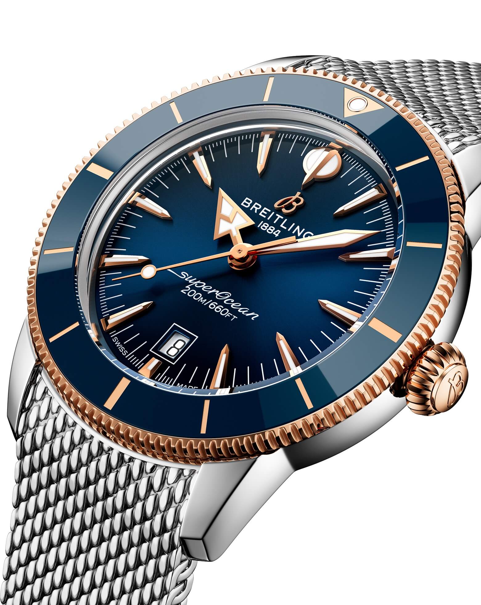 Breitling Superocean Heritage B31 Automatic 44mm, Steel & Red Gold Case, Blue Dial, Steel Mesh Bracelet